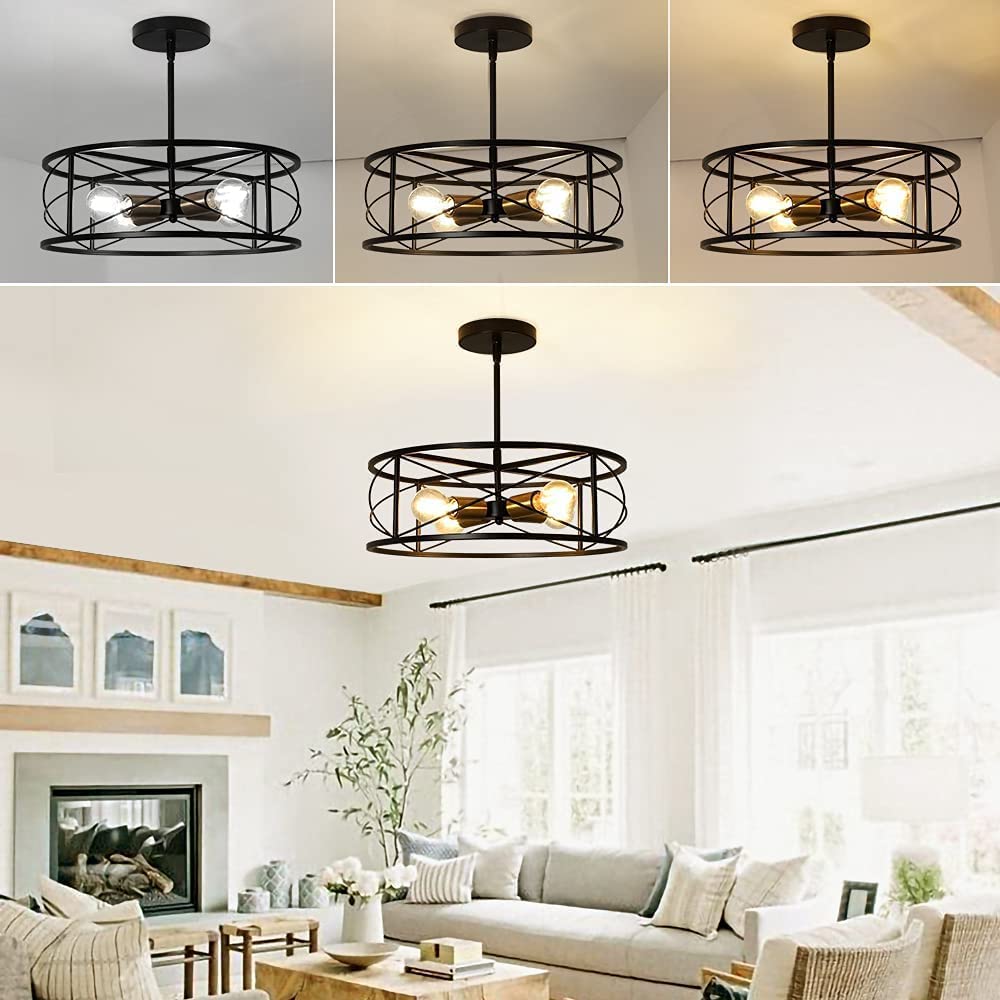 DLLT 4-Light Black Round Pendant Lighting Fixture - 18 Inch Industrial Metal Drum Cage Chandelier - Farmhouse Hanging Light for Dining Room Kitchen Living Room Bedroom Hallway - Perfect for Rustic Home Decor & Modern Interior Design