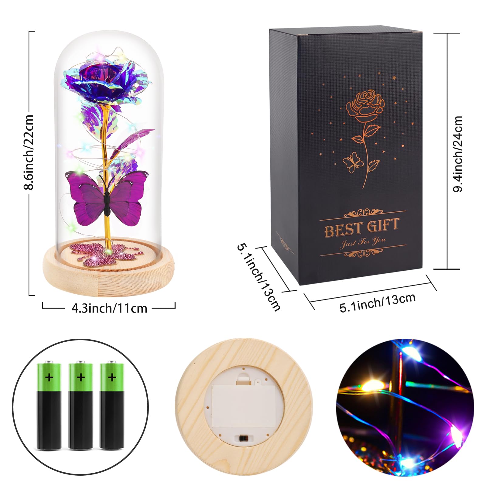 DEEMEI Purple Rose in Glass Dome - Eternal Flower with Butterfly Light Up, Birthday Gift for Women, Mothers Day Present for Mom, Grandma, Girlfriend, Wife - Perfect for Thanksgiving, Anniversaries, Home Decor & Romantic Surprises