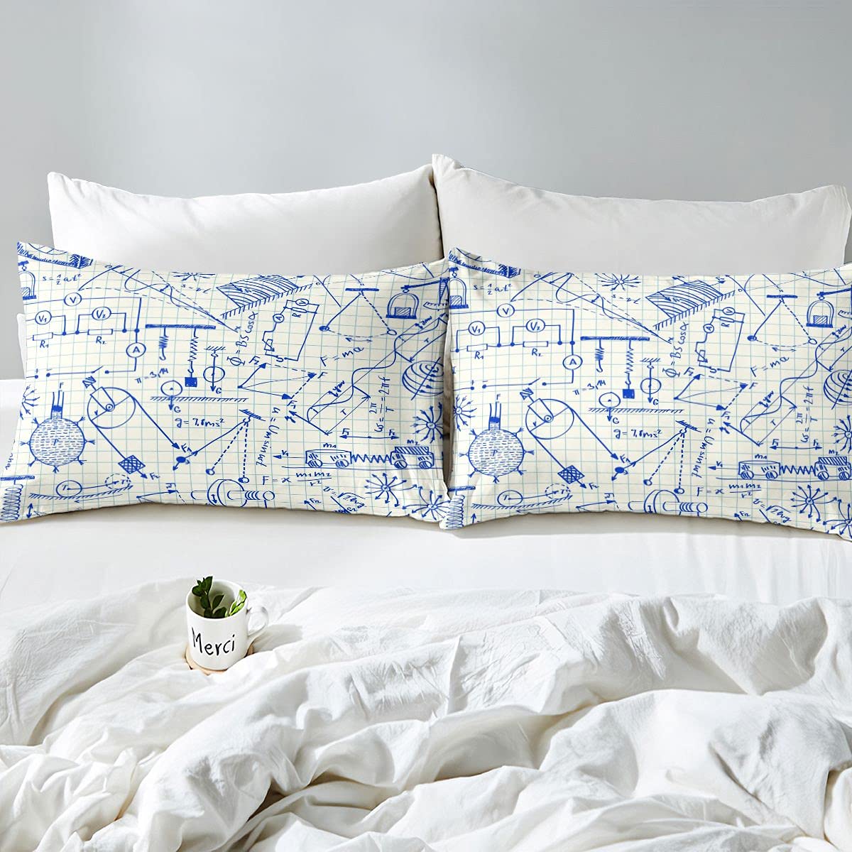 Feelyou Physics Equation Bed Sheet Set - Blue Graph Paper Print Fitted Sheet & Pillowcase, 2-Piece Twin Size - Perfect for Science Lovers, Dorm Room Decor & Themed Bedroom Design