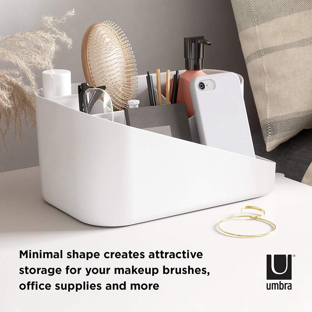 Umbra Glam Makeup Organizer - White Cosmetic Storage Case for Vanity, Bathroom & Travel | Compact Beauty Accessory Holder for Brushes, Lipsticks & Makeup Essentials