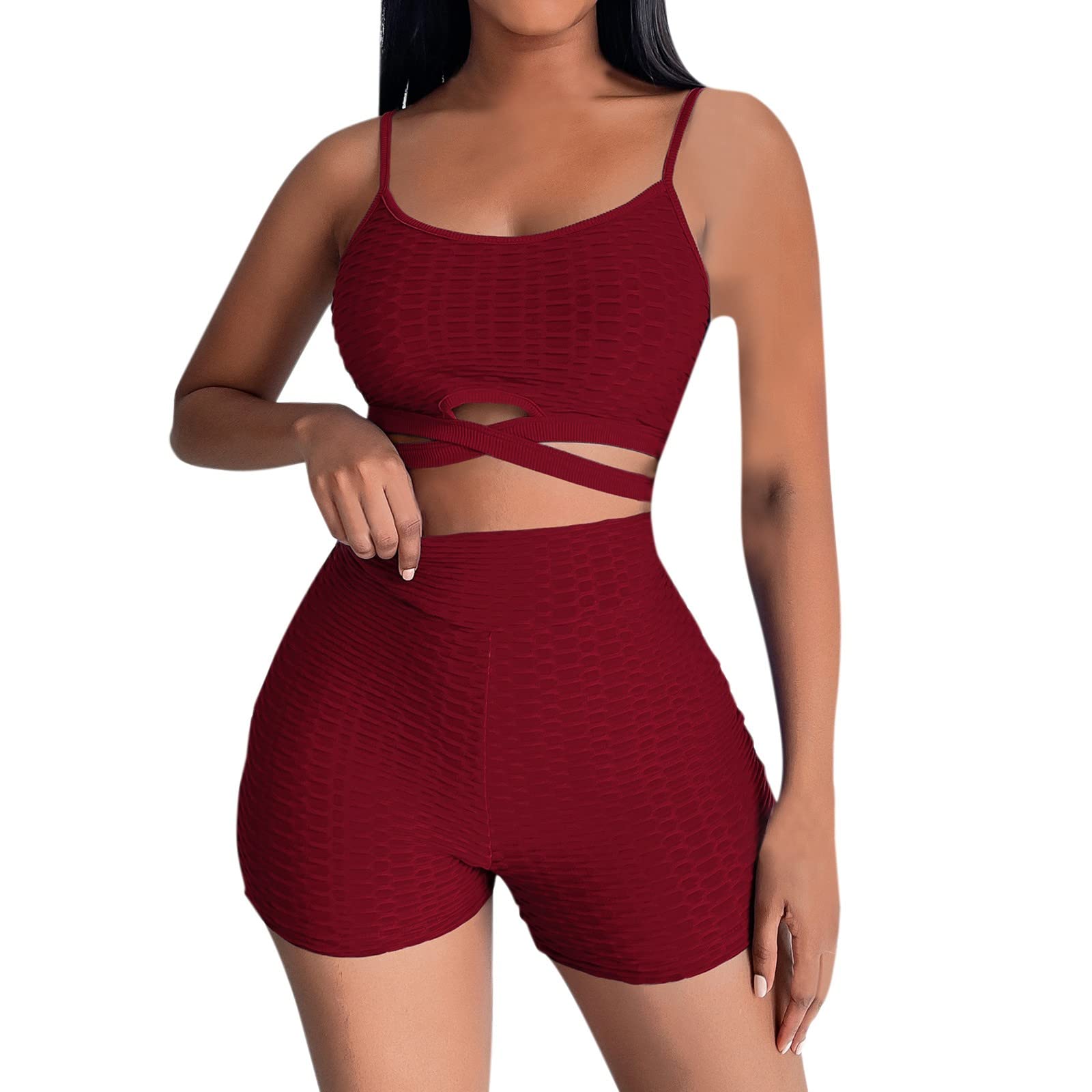 Women's 2 Piece Workout Set - Criss Cross Strappy Yoga Crop Top & High Waisted Scrunch Shorts - Gym, Running, Yoga & Lounge Wear - Perfect for Fitness, Pilates & Casual Outfits