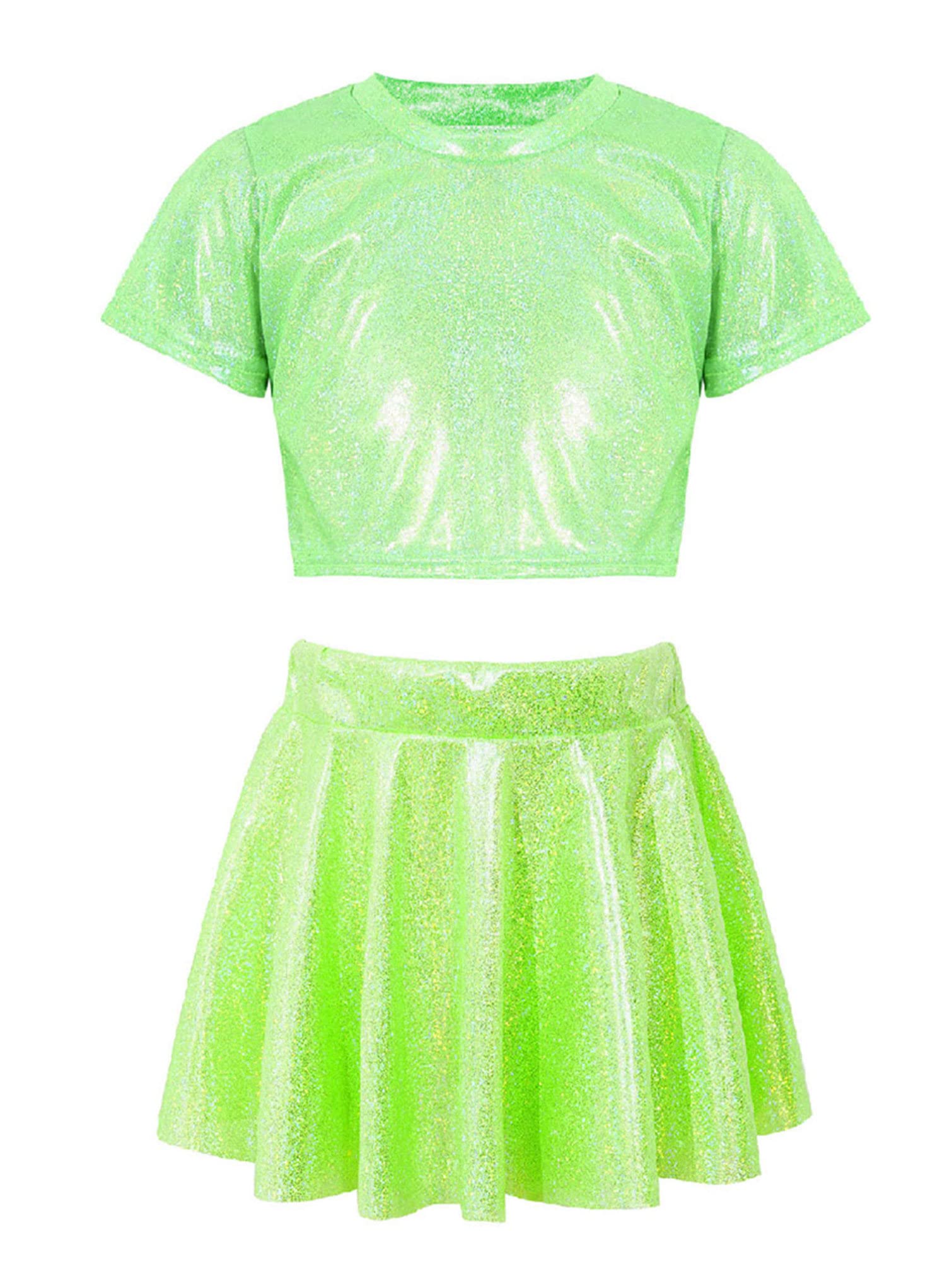 TiaoBug Girls Metallic Crop Top & Shiny Skort Set - Hip Hop Dancewear, Ballet Jazz Outfit, Playwear for Kids