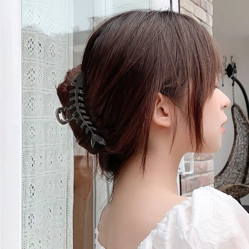 BELSITA Large Metal Fish Bone Hair Clip - 1PCS Black Non-Slip Hair Jaw Clamp with Gold Finish | Fashion Hair Accessories for Women with Thick or Thin Hair | Perfect for Parties, Weddings & Everyday Styling