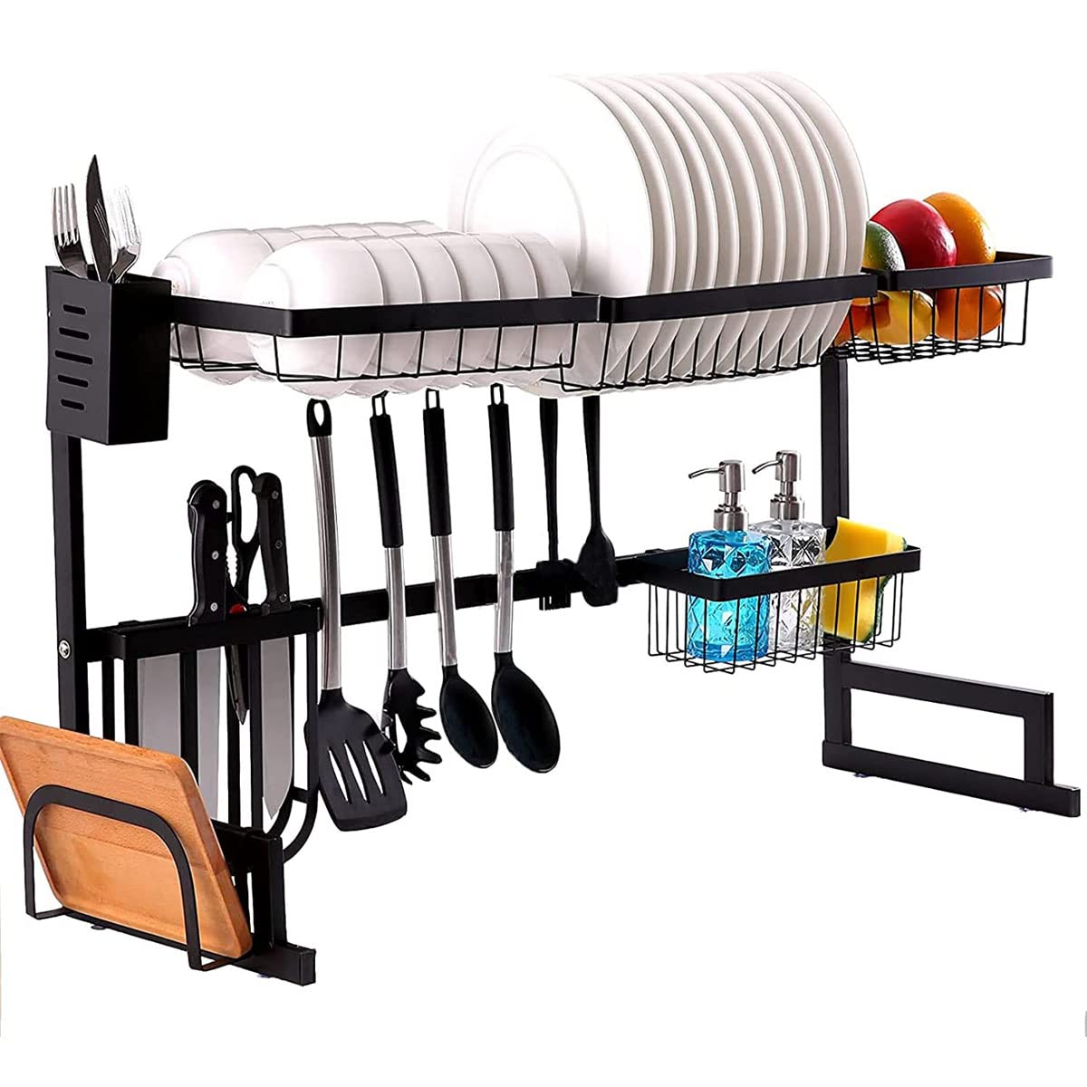 LUFISH 2-Tier Over The Sink Dish Drying Rack - Kitchen Organizer Stand with Utensil Holder | Space-Saving Black Dish Dryer for Countertop Storage | Perfect for Small Kitchens & Apartment Living