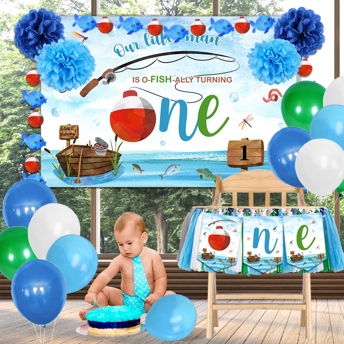 Ofishally One Fishing Theme 1st Birthday Banner - Highchair Decoration, Backdrop & Party Supplies for Boys | Perfect for First Birthday Decor, Photo Backdrops & Themed Celebrations