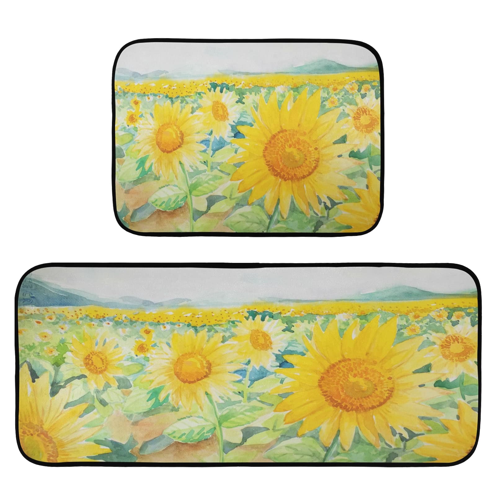 Non-Slip Sunflower Kitchen Rugs Set of 2 - Washable Floor Mats for Kitchen & Laundry