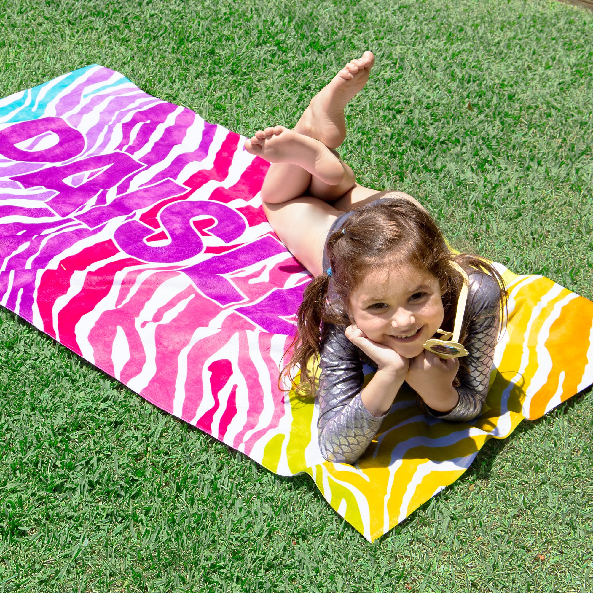 Personalized Beach Towel - Custom Name Printed - Large Standard Size - Bright Hearts Design - Perfect for Beach, Pool, Camping & Vacation - Great Gift for Summer Travel, Family Outings & Romantic Getaways