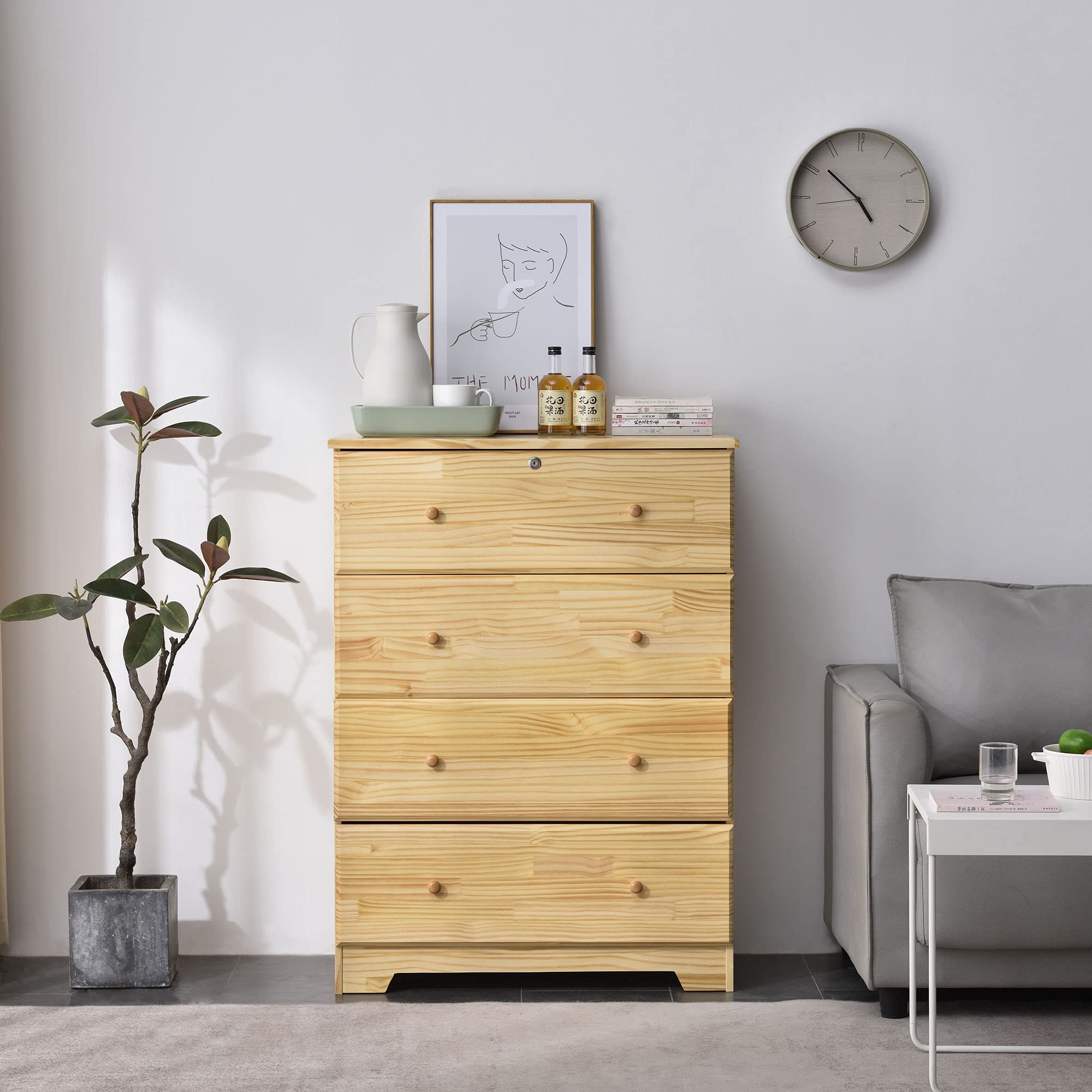 Better Home Products 100% Solid Pine Wood Super Jumbo Chest - 4 or 5 Deep Drawers Storage Dresser with Lock & Key Included (4 Drawers, Natural Finish) - Perfect for Bedroom, Closet, Nursery Organization & Home Storage Solutions