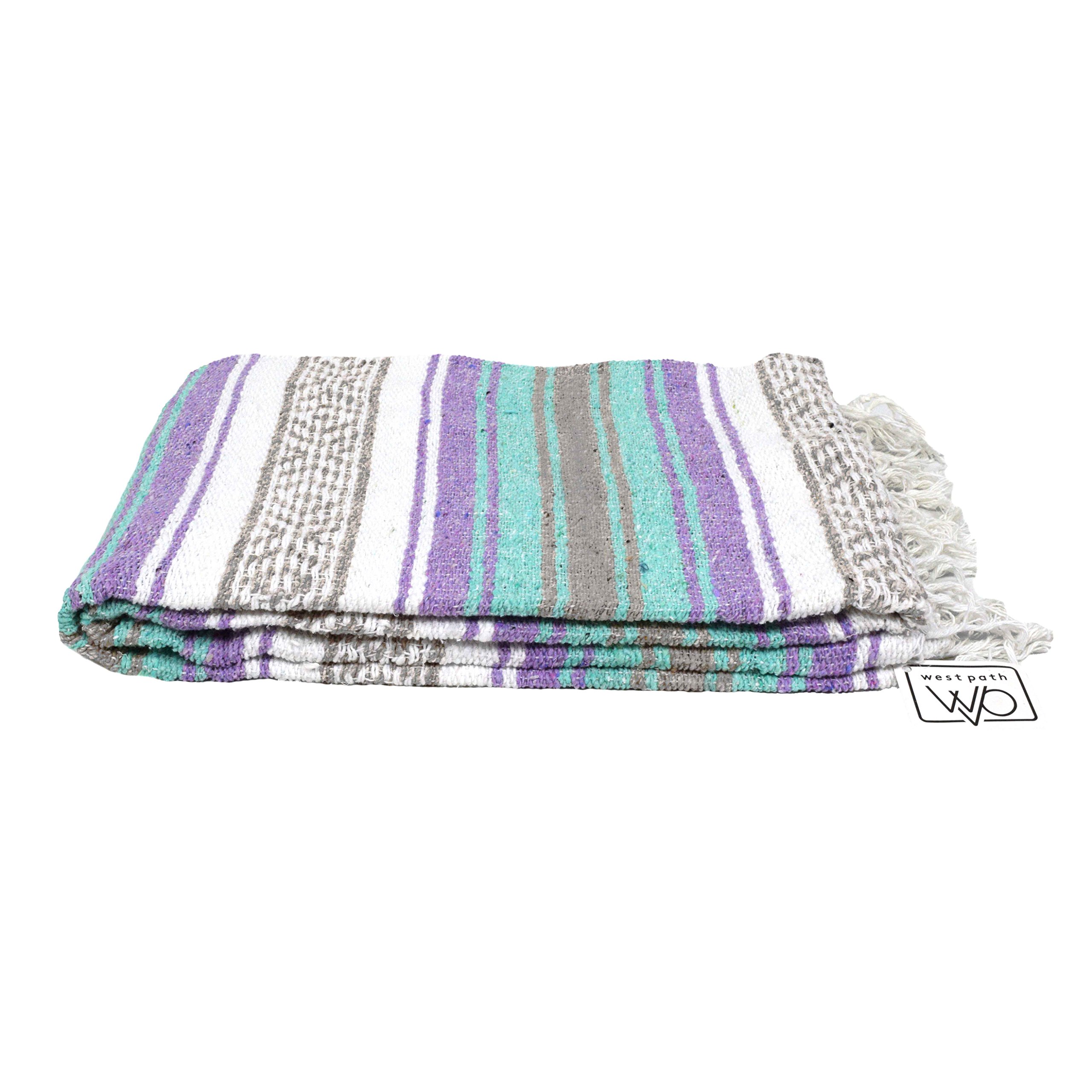 Authentic Mexican Falsa Blanket - Handwoven Green Teal Turquoise Striped Throw - Perfect for Beach, Camping, Picnic & Yoga | Open Road Goods