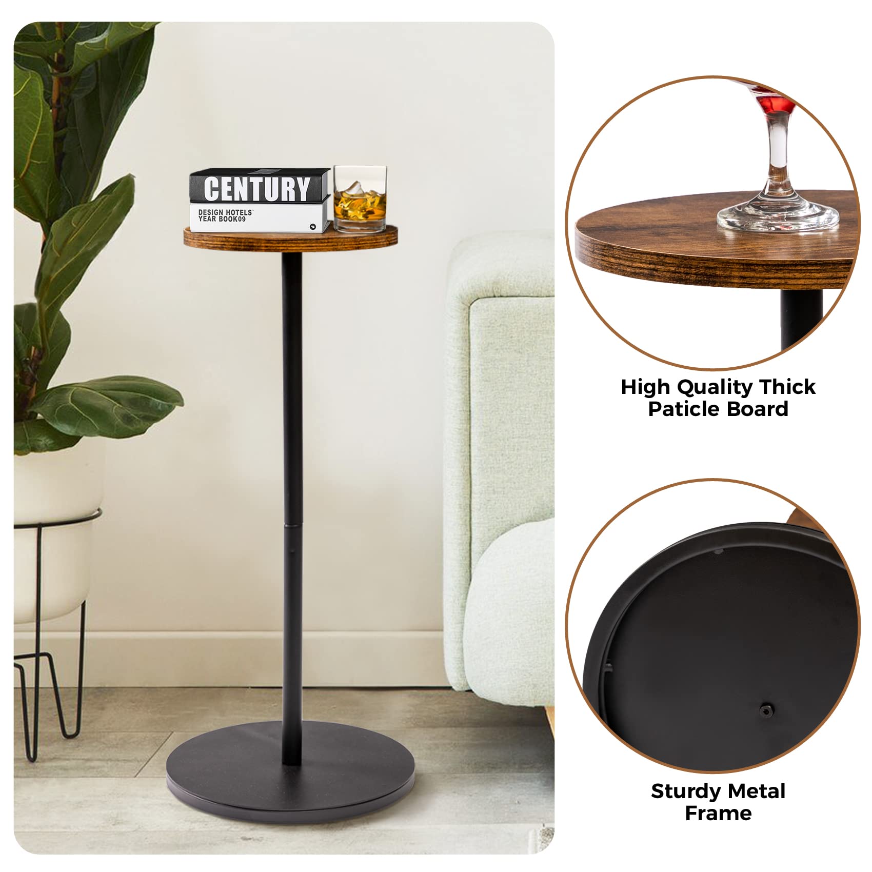 Compact Round Pedestal Side Table - Small Drink Table for Martini & Cocktails - Space-Saving End Table for Living Room, Bedroom, Balcony & Small Spaces - Accent Table Stand for Drinks, Books & Decor