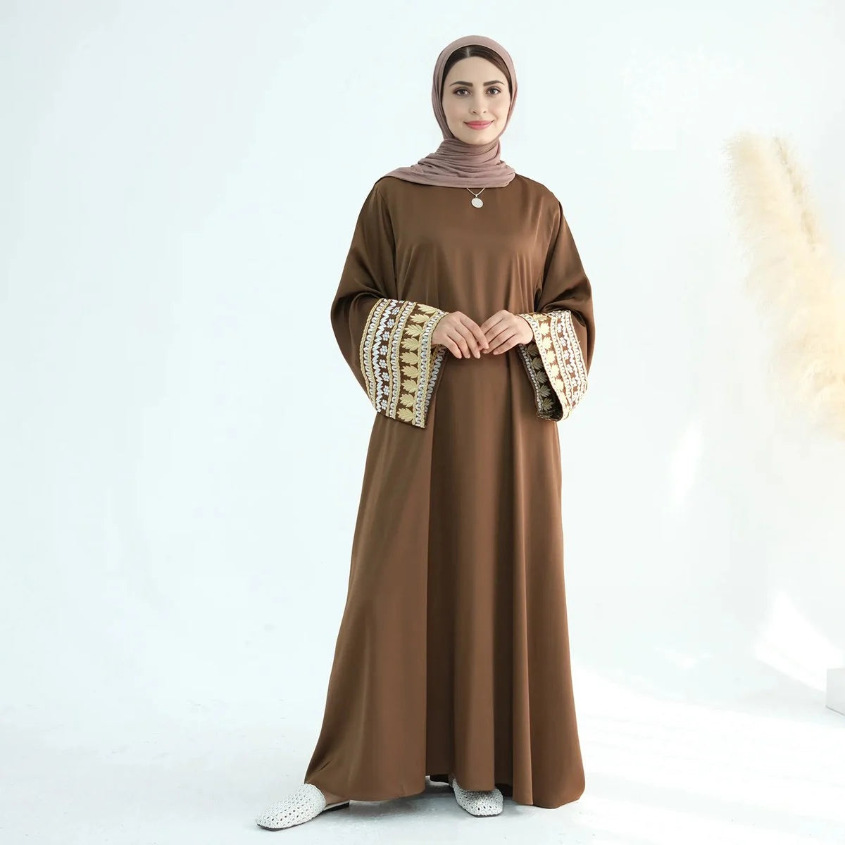 Elegant Satin Abaya Dress with Embroidery Cuff - Modest Islamic Clothing for Women | Perfect for Prayer, Eid, and Special Occasions
