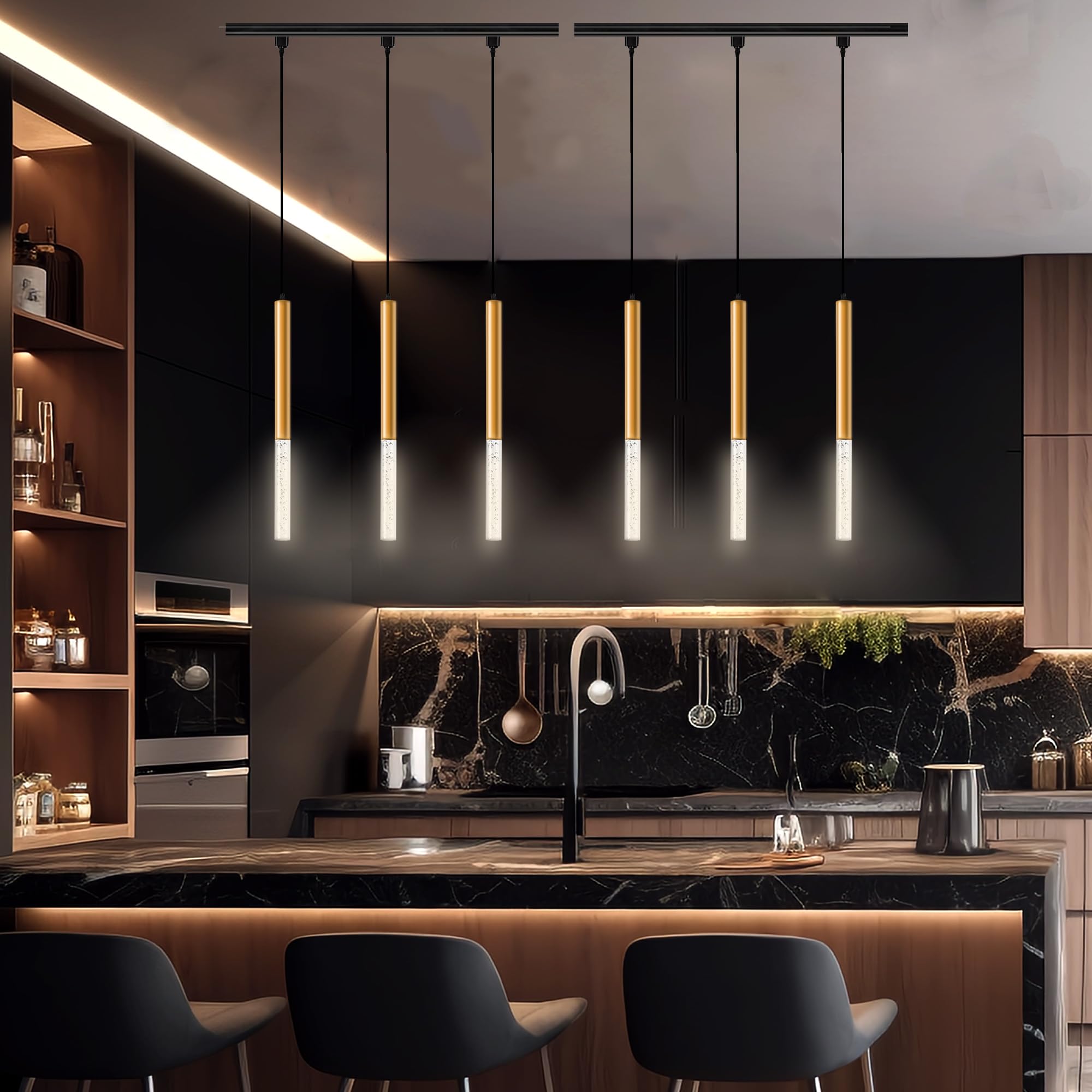 Golden Pendant Light Kit - 6 Acrylic Crystal LED Ceiling or Track Lighting Fixtures with 3CCT Adjustable Warm White to Cool White - Perfect for Kitchen Island, Dining Room, Bedroom, Restaurant, Hotel & Bar Decor