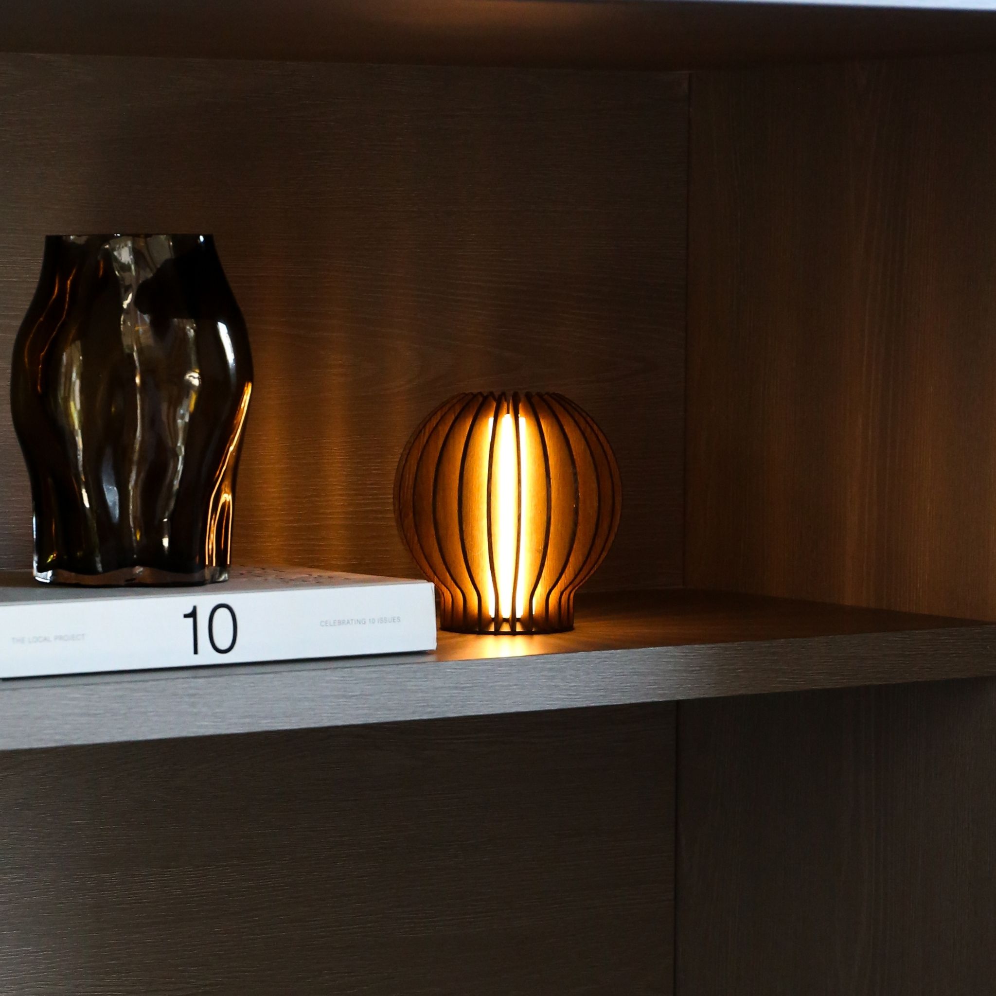 EVA SOLO Rechargeable LED Table Lamp - Round Smoked Oak Design, Dimmable & Portable for Bedroom, Living Room, Office Decor