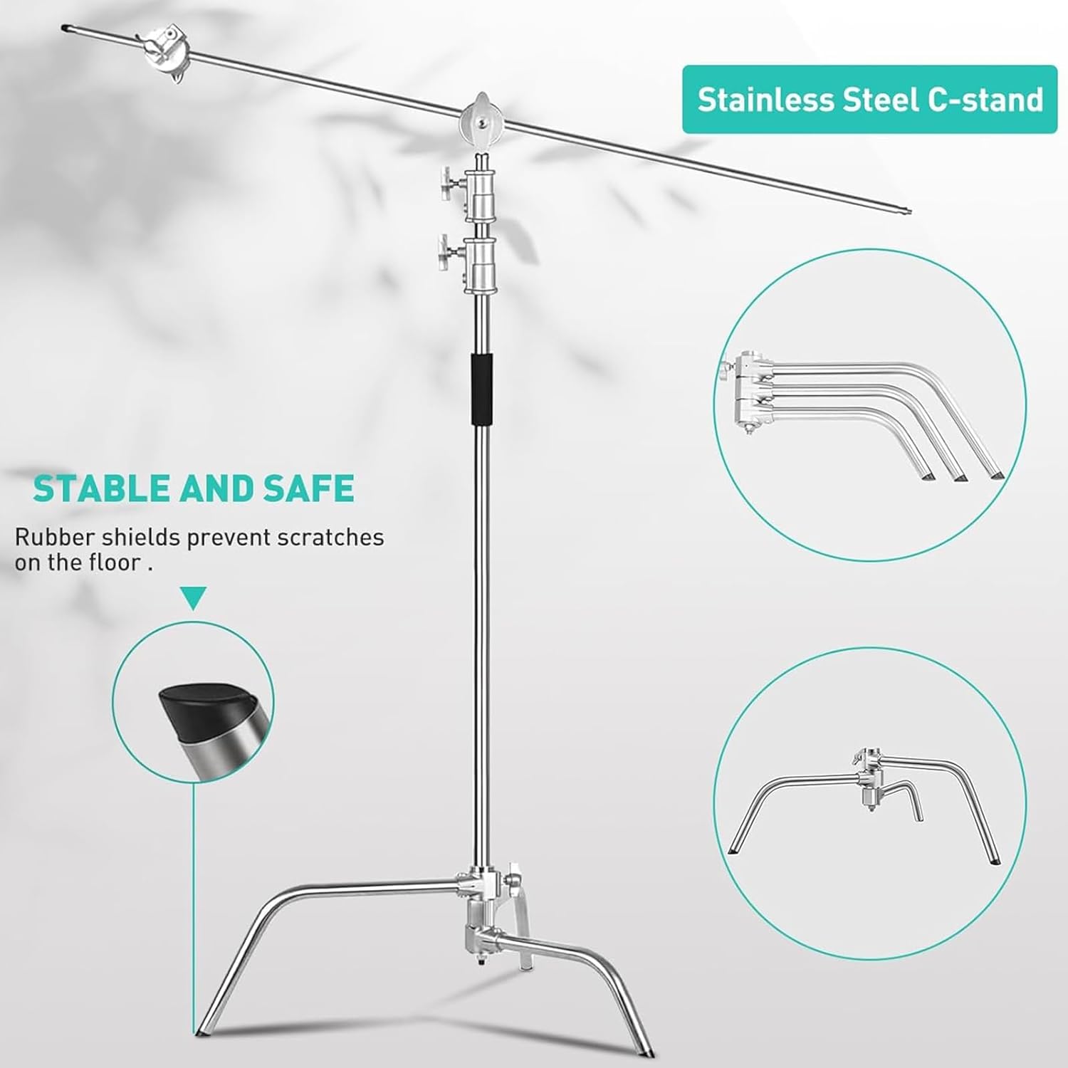 Heavy Duty C Stand with Boom Arm for Photography - 10.8ft/330cm Max Height, 4.2ft/127cm Holding Arm, Silver Stainless Steel Light Stand | Perfect for Studio Lighting, Video Production & Portrait Photography