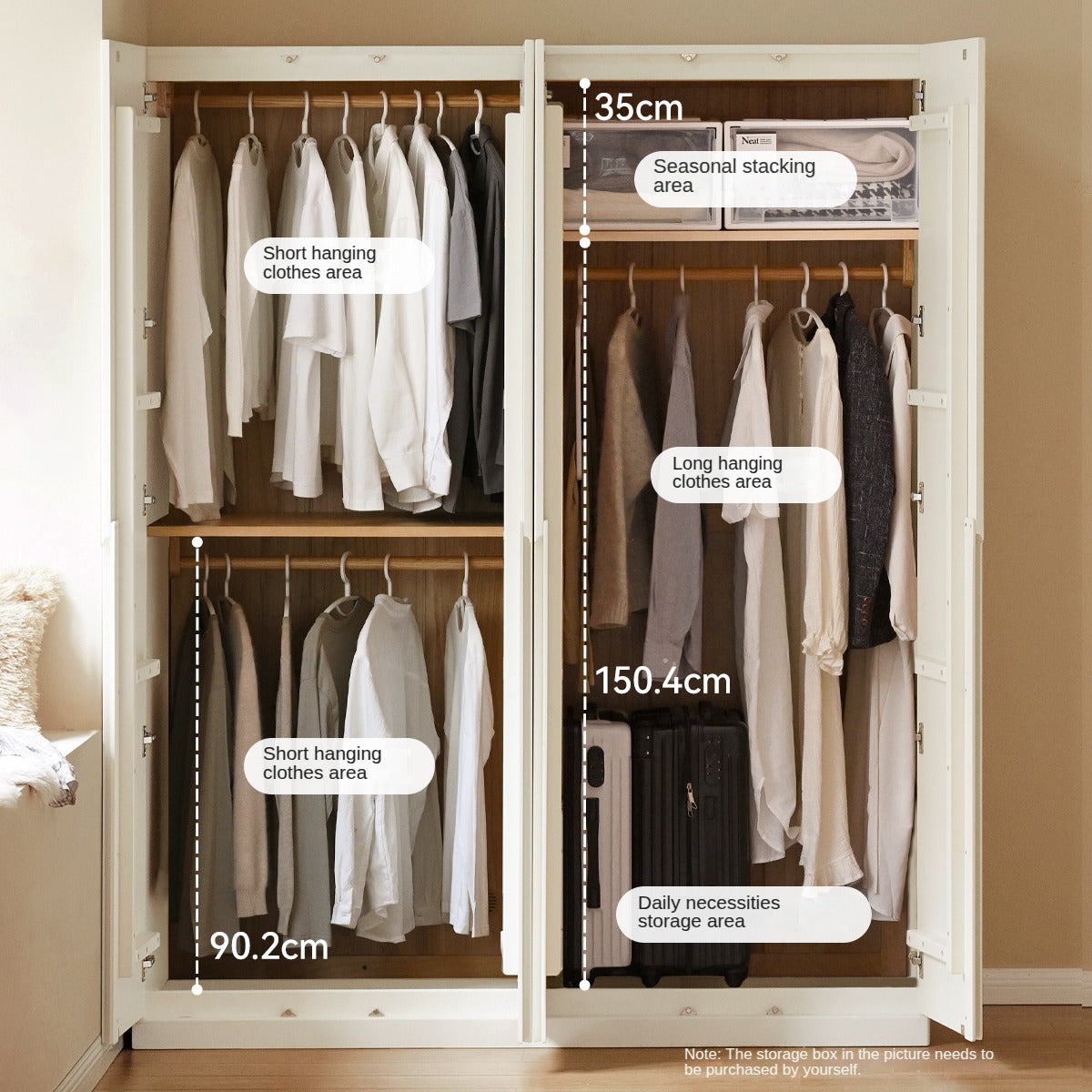Modern Nordic Style Solid Wood Wardrobe - Beech & Rubber Wood, Cream Finish - Perfect for Bedroom, Living Room, and Office Storage