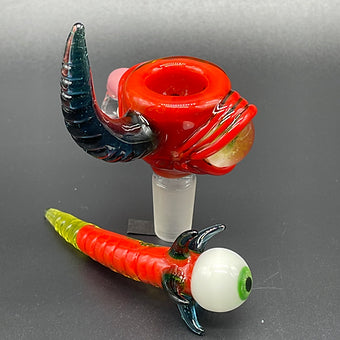 14mm Red Blacklight Reactive Glass Slide Set with Tongue & Horn - Perfect for UV Parties, Raves & Unique Smoking Accessories