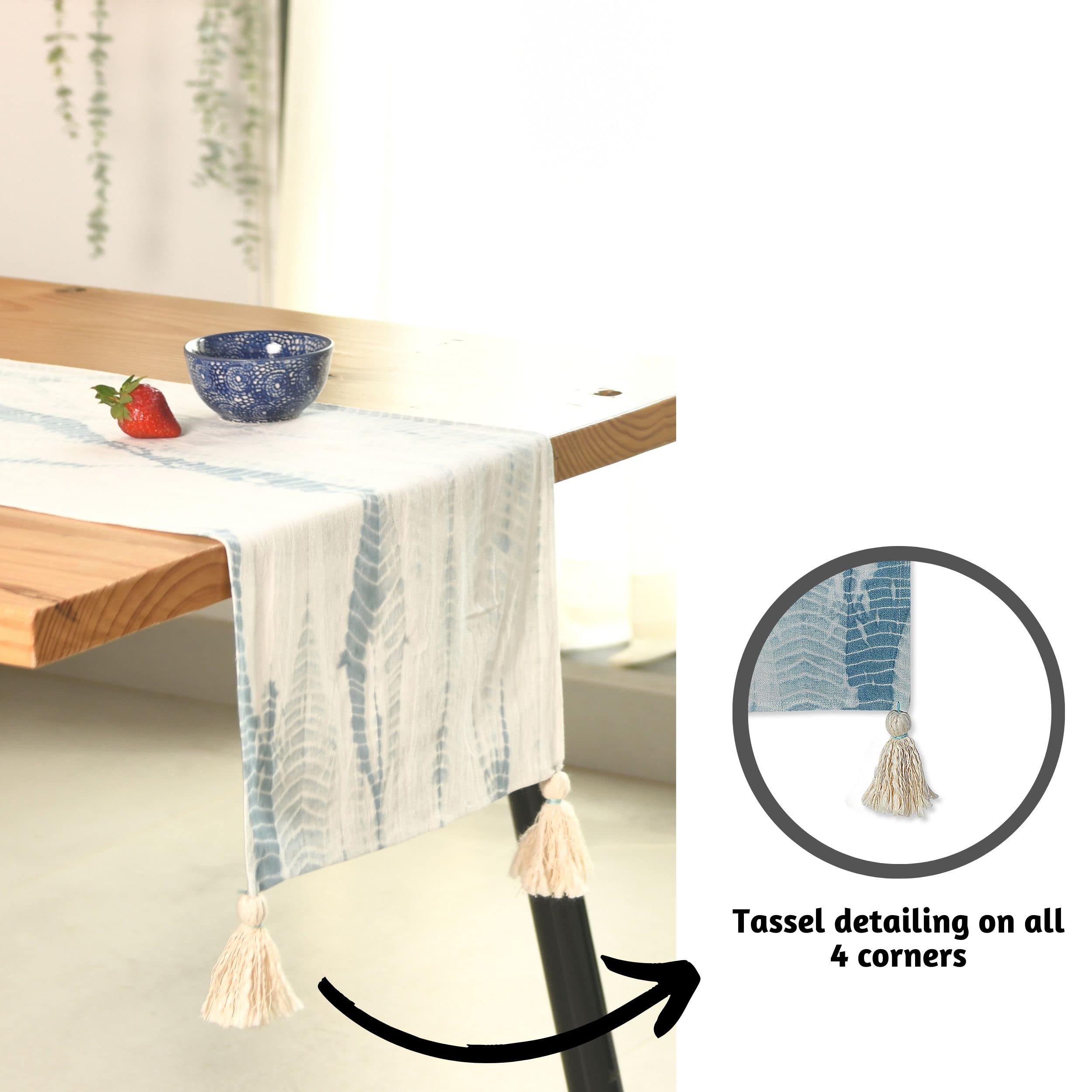 Folkulture 72 Inch Cotton Table Runner - Boho Farmhouse Decor, Dusty Blue Tie Dye Design for Dining & Coffee Tables - Perfect for Rustic Weddings, Holiday Decor & Home Styling (14x72 Inches)