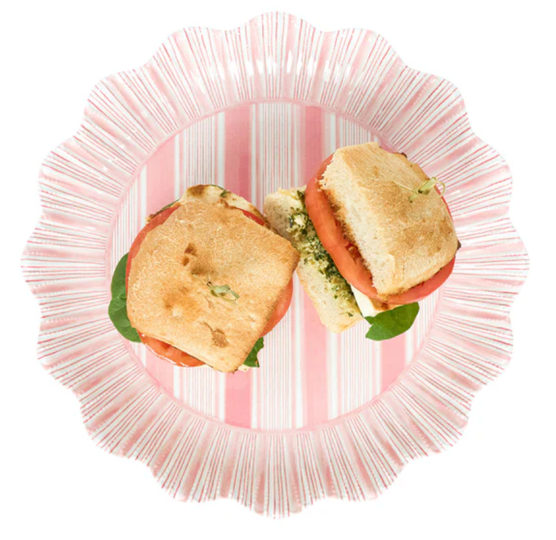 Juliska Cabana Stripe Melamine Dinner Plates - Set of 4, Coral - Durable & Stylish Outdoor Dining Plates for Picnics, BBQs, and Beach Parties