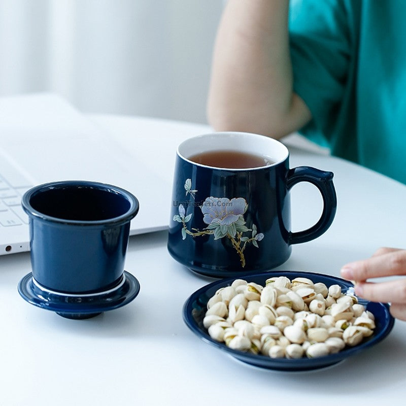 Premium Chinese Blue Floral Ceramic Tea Cup with Removable Infuser - Perfect for Office, Home, or Gift Giving