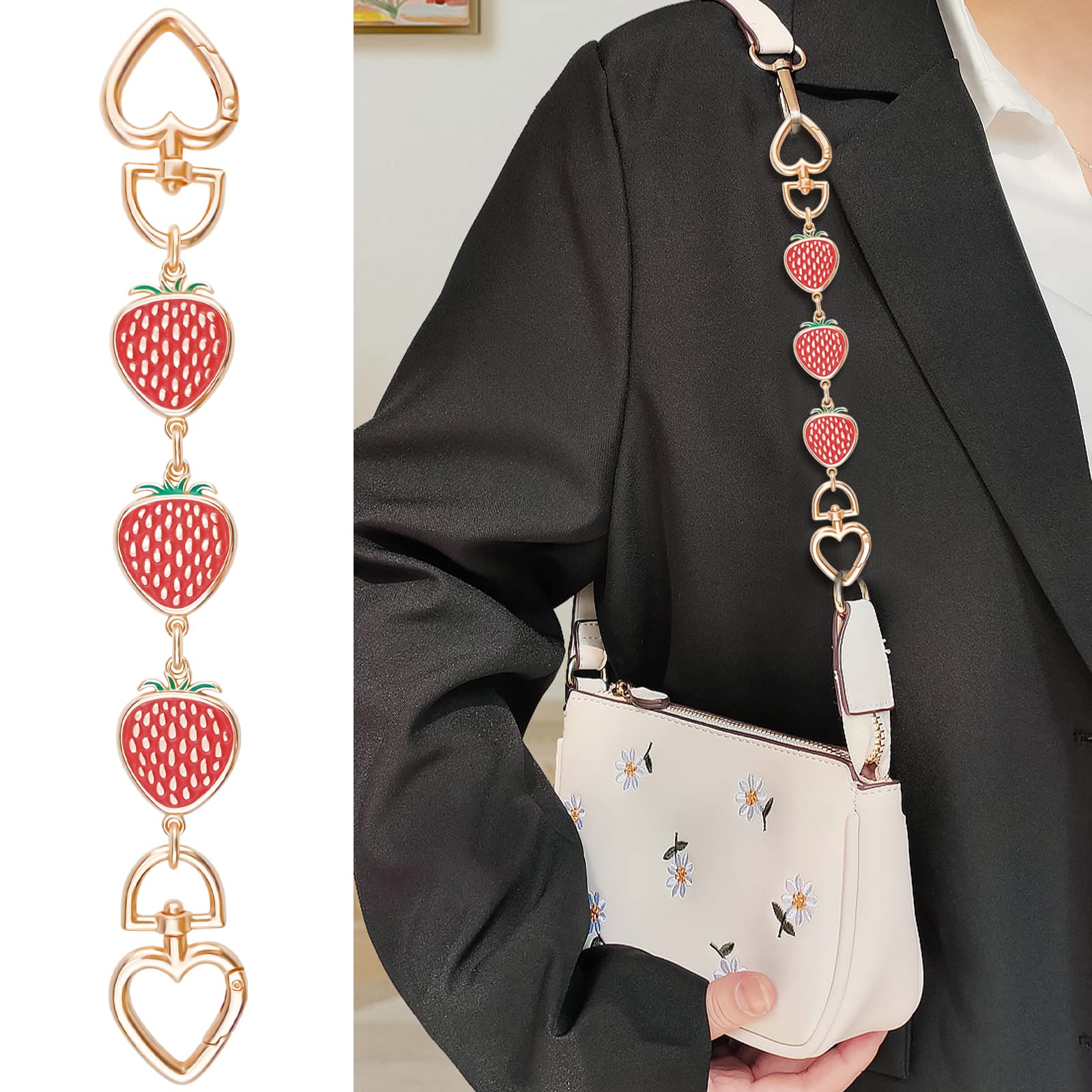 2 Pcs Gold Strawberry Purse Strap Extender - Cute Bag Chain Replacement with Heart Buckle (8.27 Inch) - Handbag Shoulder Bag Accessories & Charms for Women - Perfect for Daily Use, Shopping & Fashion Outfits