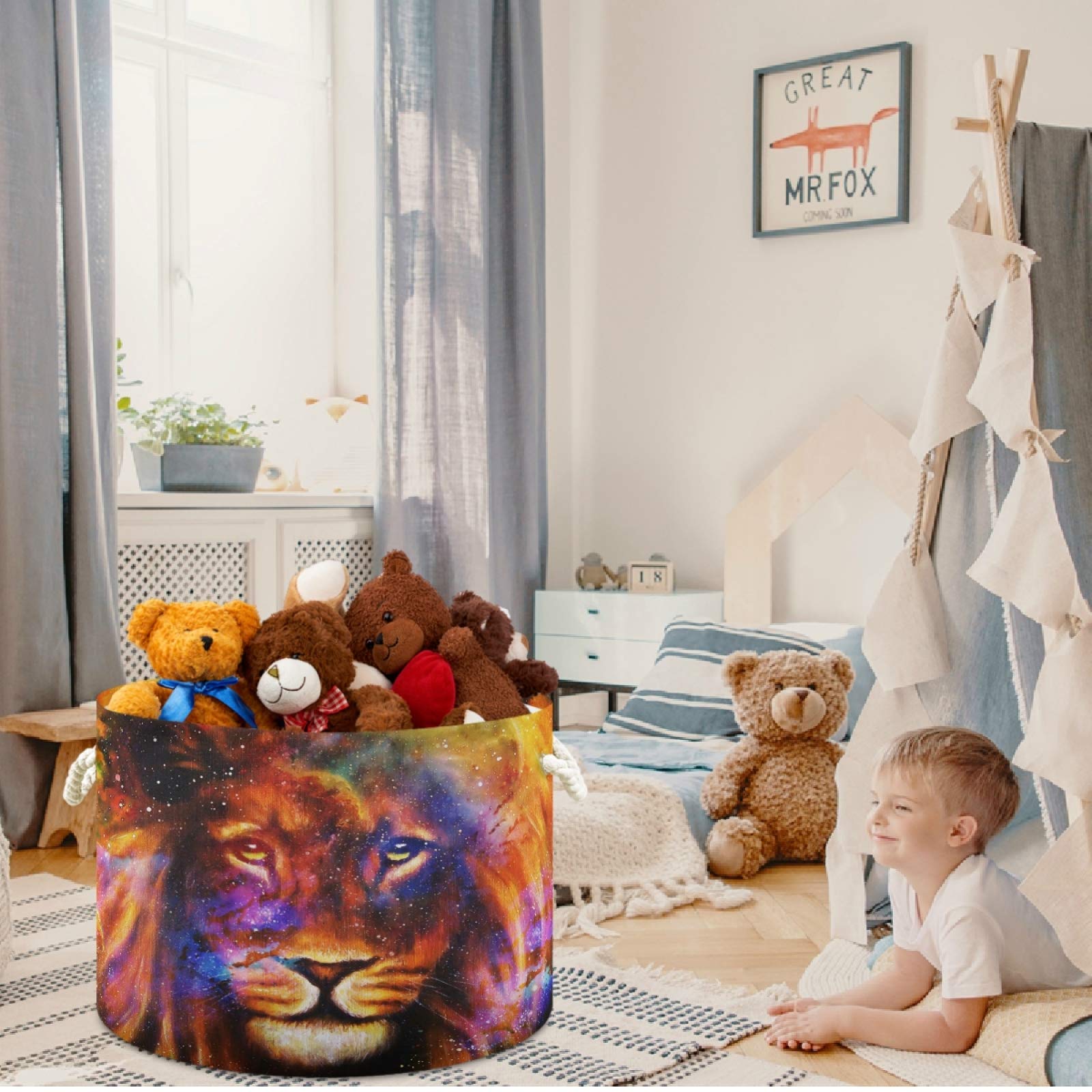 Visesunny Lion in Cosmic Space Storage Basket - Canvas Fabric Toy Organizer Bin, Nursery Hamper, Laundry Basket for Kids Room, Playroom, Shelves - Perfect for Toy Storage, Gift Basket & Baby Room Decor