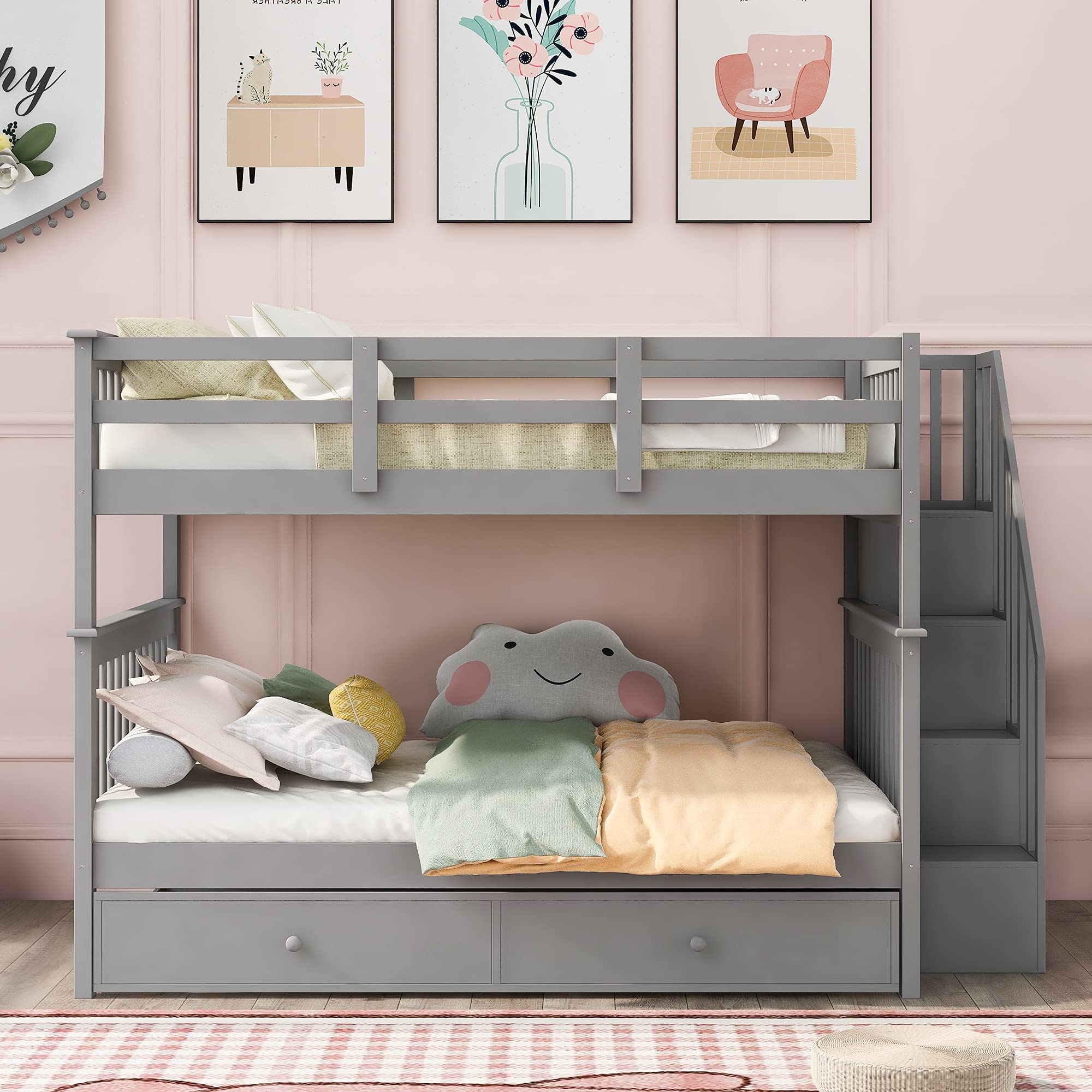Full-Over-Full Bunk Bed with Twin Trundle, Stairway, Storage & Safety Rail - Space-Saving Bedroom & Dorm Furniture for Kids, Teens & Small Spaces - Gray