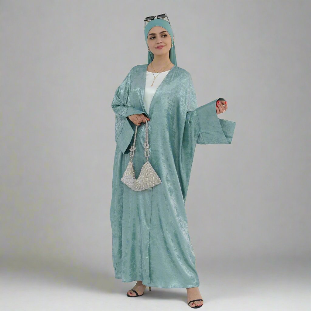 Celine Shimmer Kimono Open Abaya - Elegant Long Sleeve Muslim Dress in Mint Green for Women | Perfect for Prayer, Eid, Wedding & Special Occasions