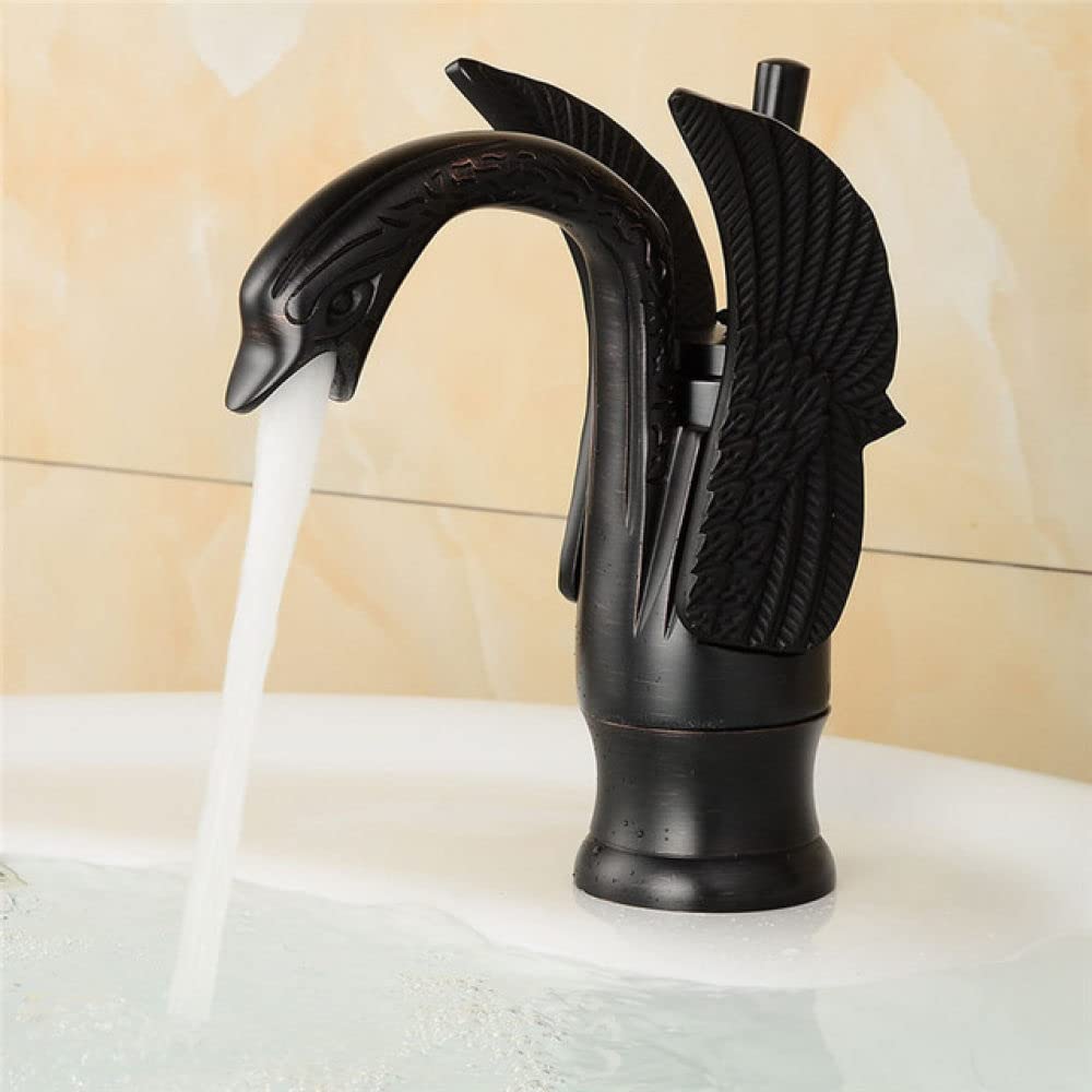 Antique Bronze Bathroom Basin Faucet - Swan Neck Sink Mixer Tap with Hot & Cold Water, Oil Rubbed Black Finish - Perfect for Vintage Style Bathrooms, Powder Rooms & Lavatory Sinks (Made in China)