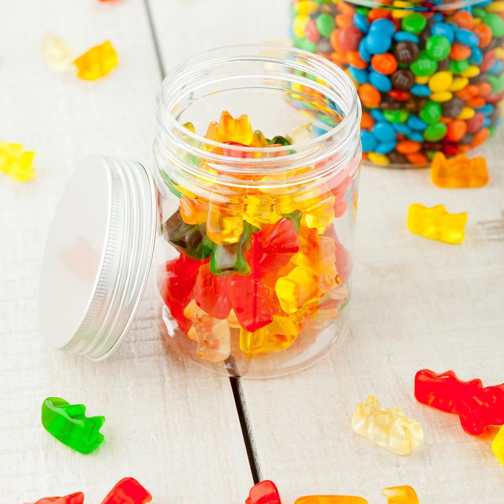 Restaurantware 8.5oz Plastic Mason Jars with Airtight Aluminum Lids - 100 Clear Round Food Storage Containers for Snacks, Candies, Ingredients | Perfect for Kitchen, Pantry, Party Favors & Bulk Food Storage
