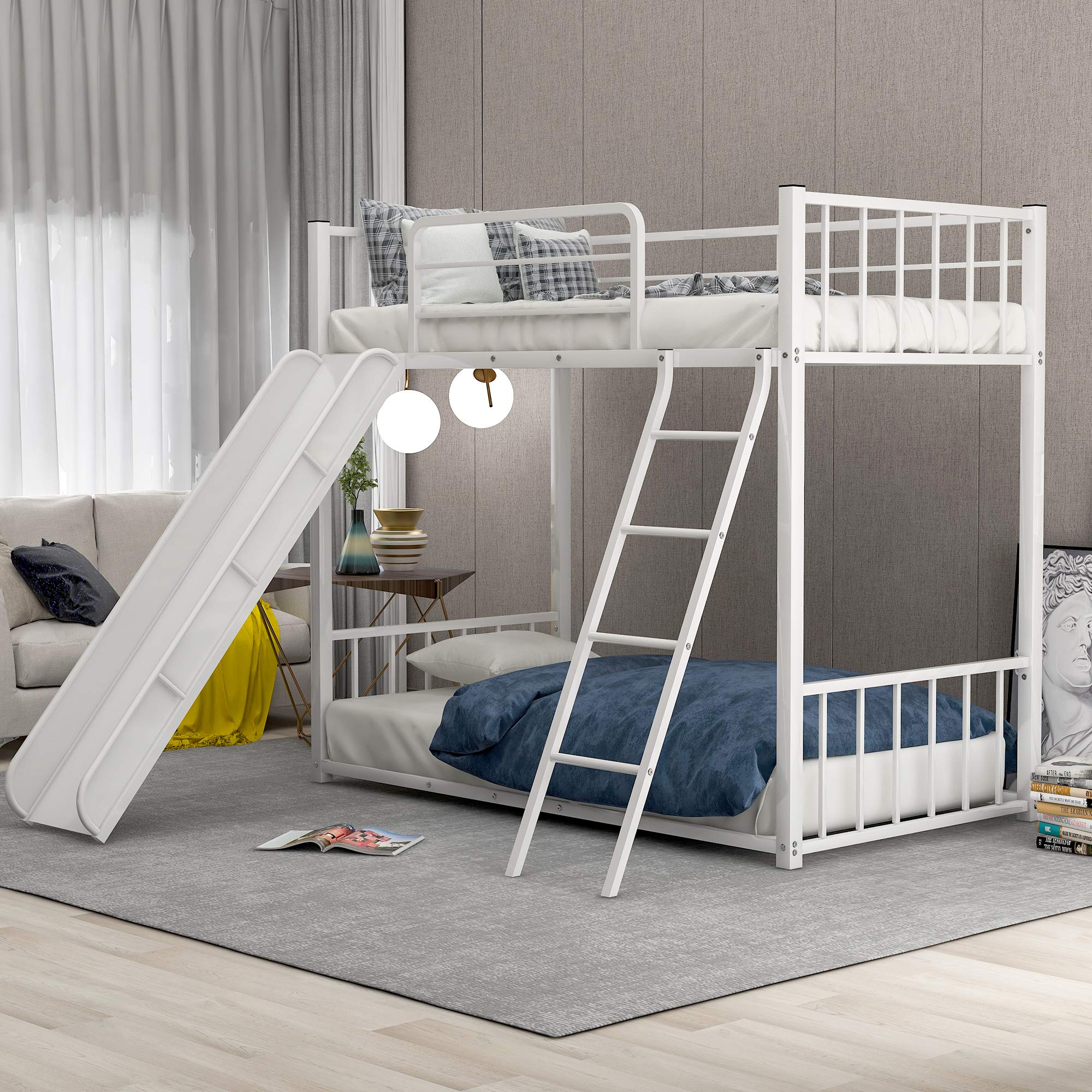 KLMM Heavy Duty Metal Bunk Bed with Slide & Safety Guard Rails - Twin Size Kids/Teens Bed Frame with Inclined Ladder - Perfect for Small Bedrooms, Shared Kids Rooms & Sleepovers