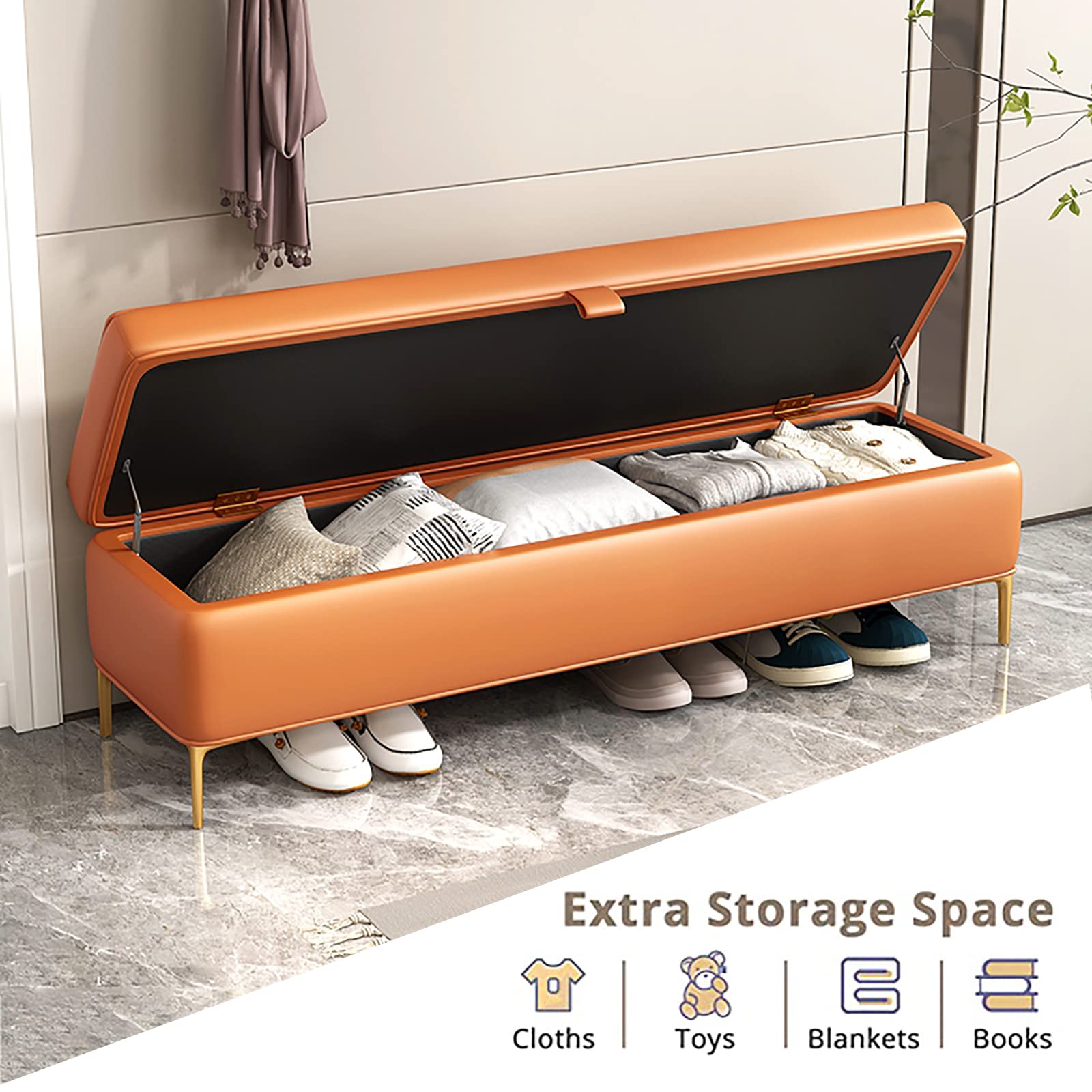 Premium Faux Leather Storage Ottoman Bench - 60x40x45cm (24x16x18in) Modern Upholstered Shoe Bench for Bedroom, Living Room & Entryway - Space-Saving End of Bed Storage Solution in Orange