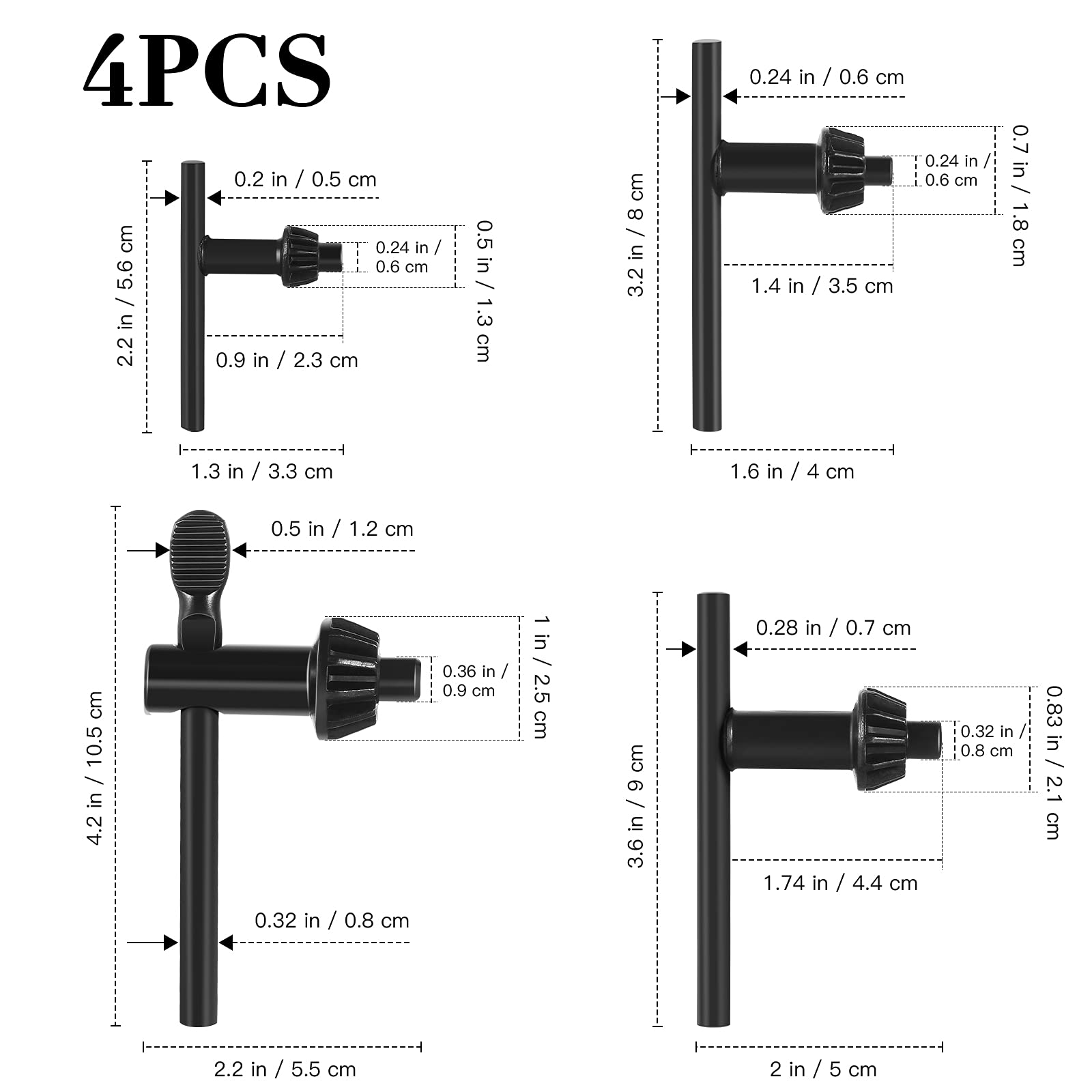 4-Piece Drill Chuck Wrench Kit - Replacement Chuck Key for Electric & Hand Drills - Durable Clamping Tool for Drill Press Accessories - Perfect for Woodworking, Metalworking & DIY Projects