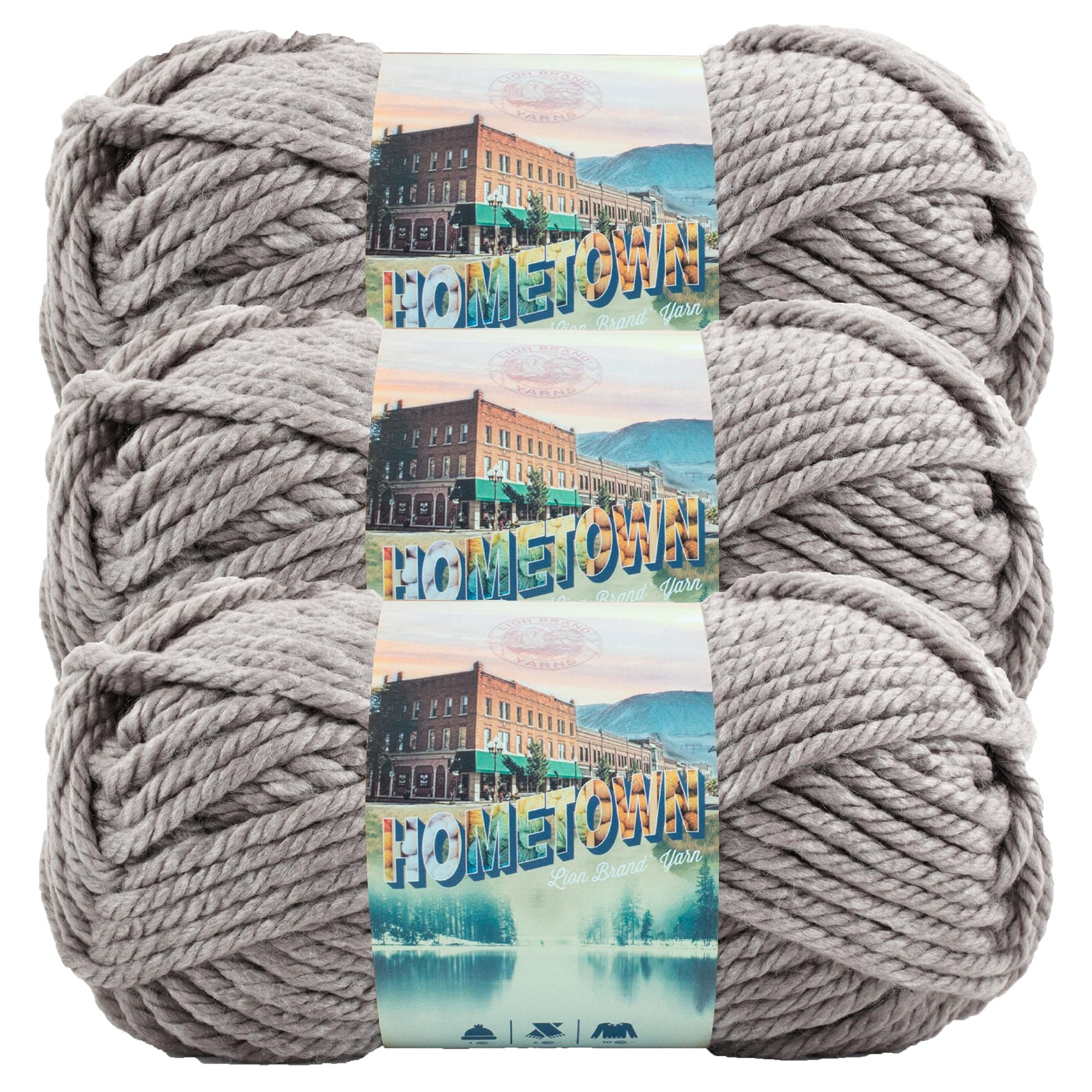 Lion Brand Yarn Hometown Super Bulky Yarn - 3 Pack Dallas Grey | Premium Knitting & Crochet Yarn for Blankets, Scarves & DIY Crafts | Soft & Chunky Yarn for Winter Projects & Home Decor