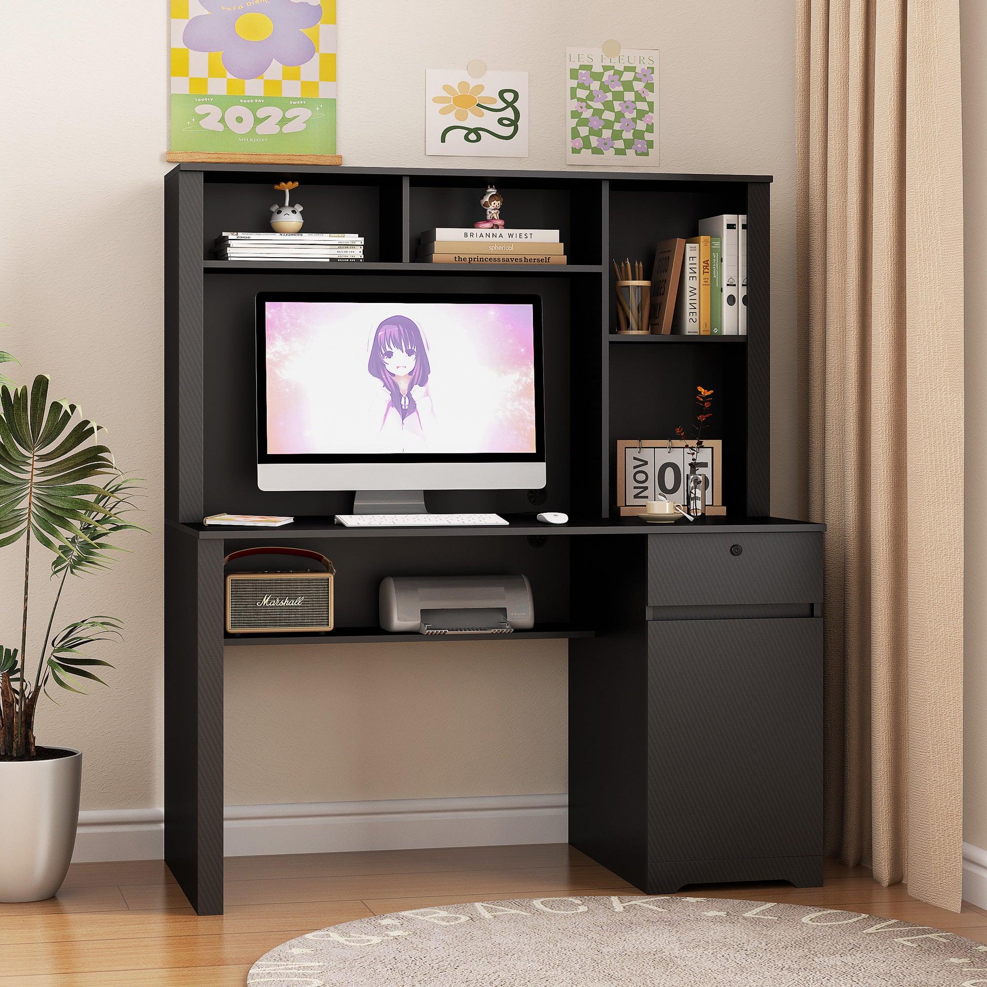 Wooden Computer Desk with Hutch & Bookshelf - Home Office Desk with Drawers, 3 AC Outlets & 2 USB Ports - Executive Desk for Teens, Students & Professionals - Perfect for Study, Work & Remote Learning (Black)