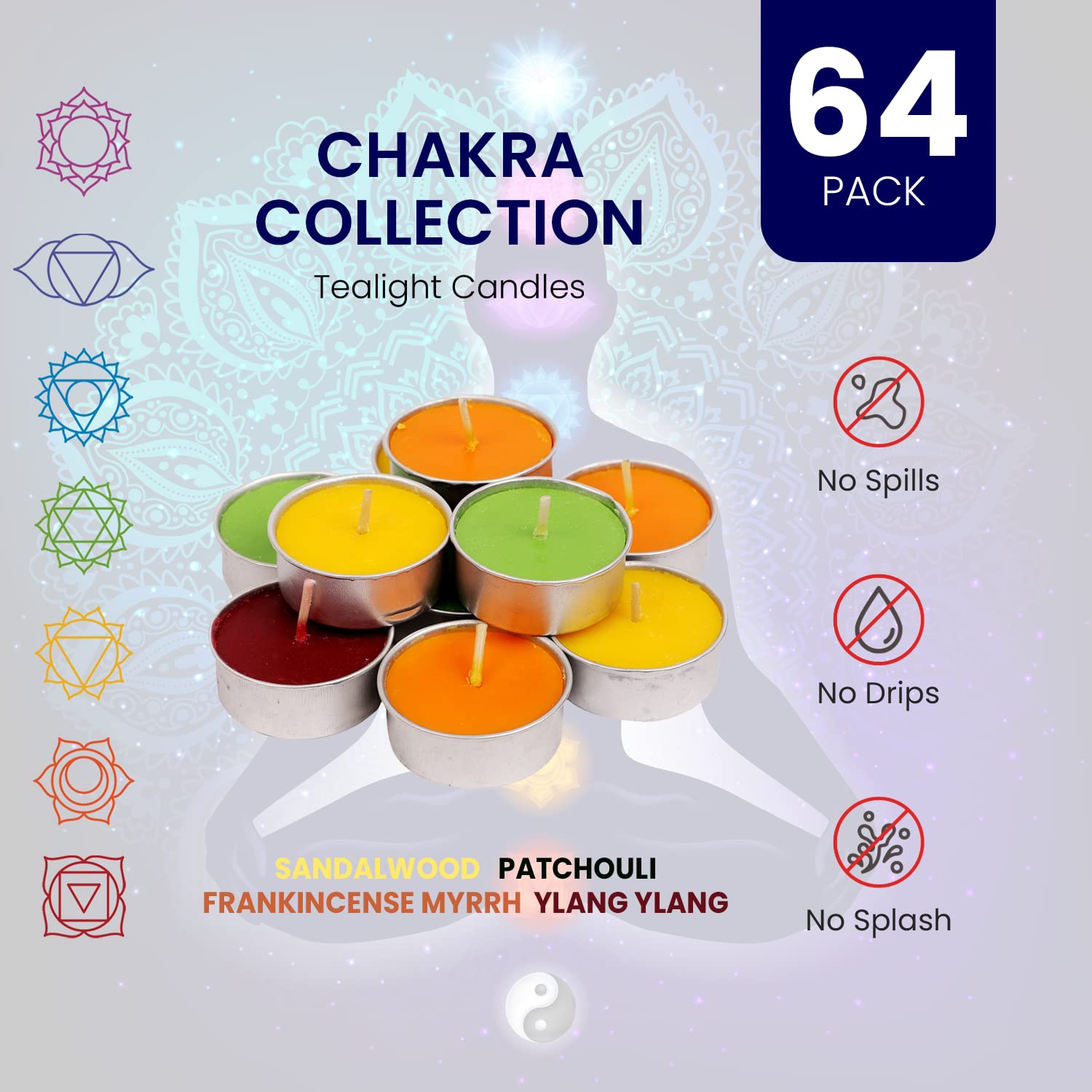 Chakra Tealight Candles Set of 64 - Scented Meditation Candles for Yoga & Relaxation