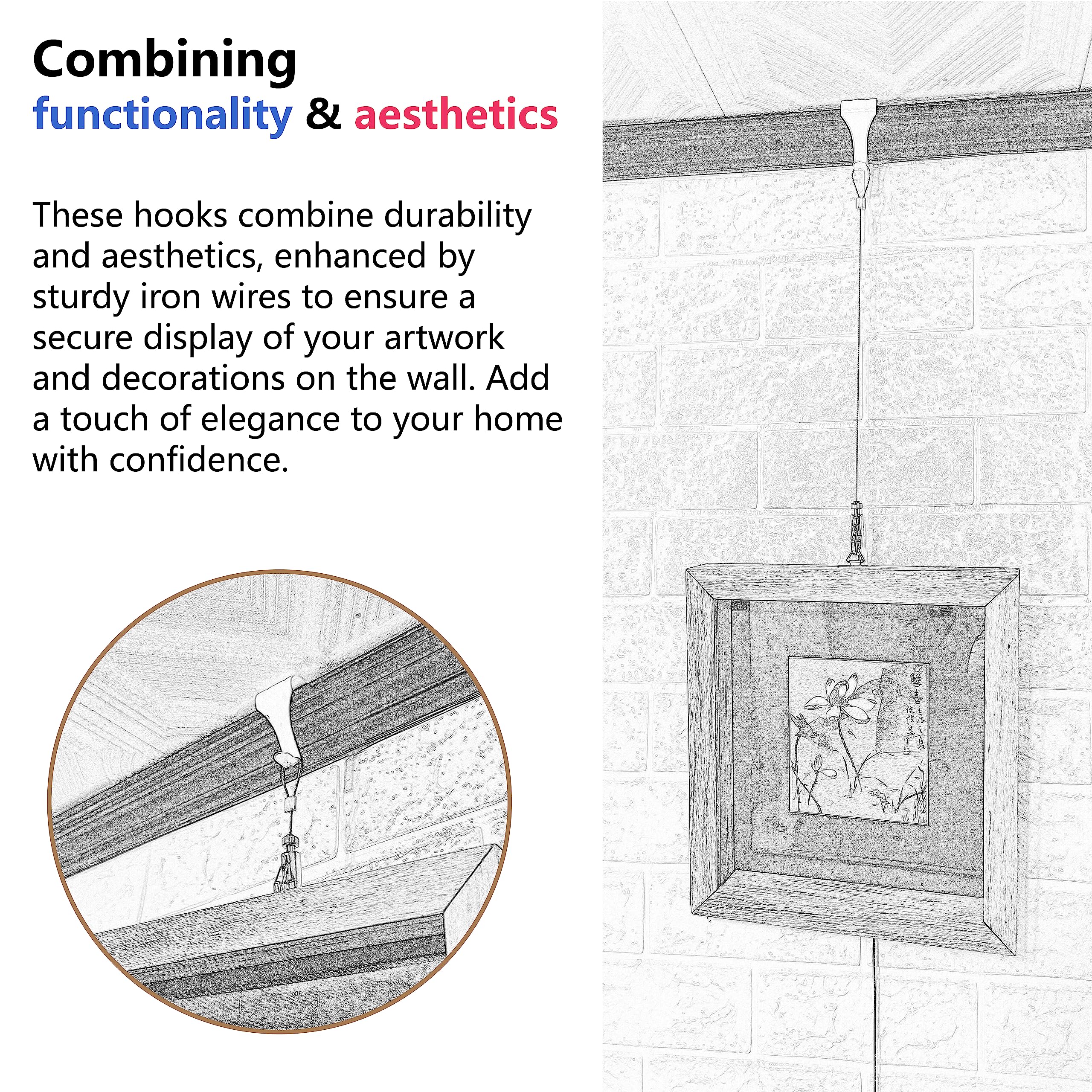 Heavy Duty Picture Hanging Kit - 12 White Rail Hooks, 72