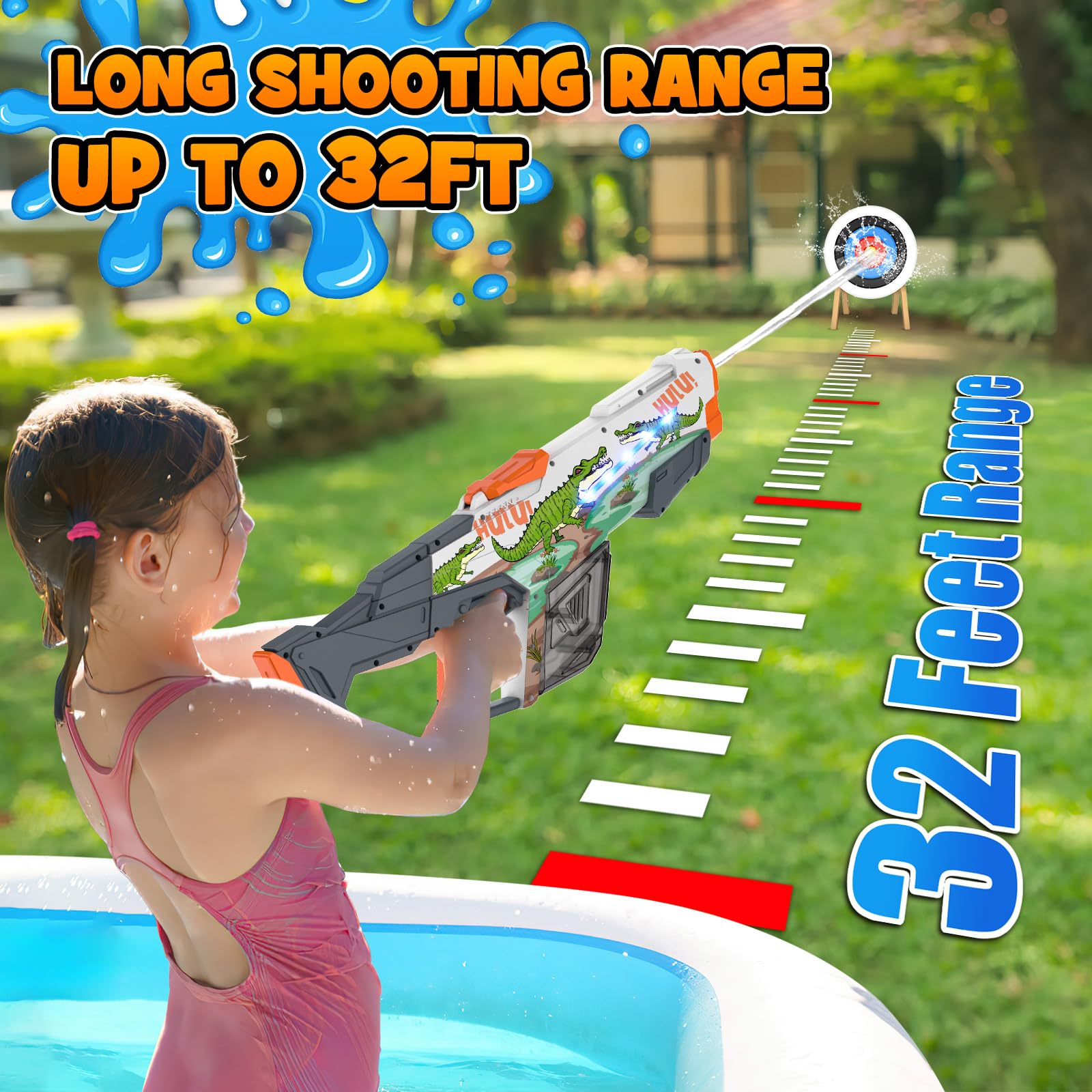 CFITANK Electric Water Gun for Kids & Adults - High-Powered Outdoor Water Blaster with LED Light, Fun Cartoon Water Toy for Summer Pool Parties, Beach Games & Backyard Battles (White)