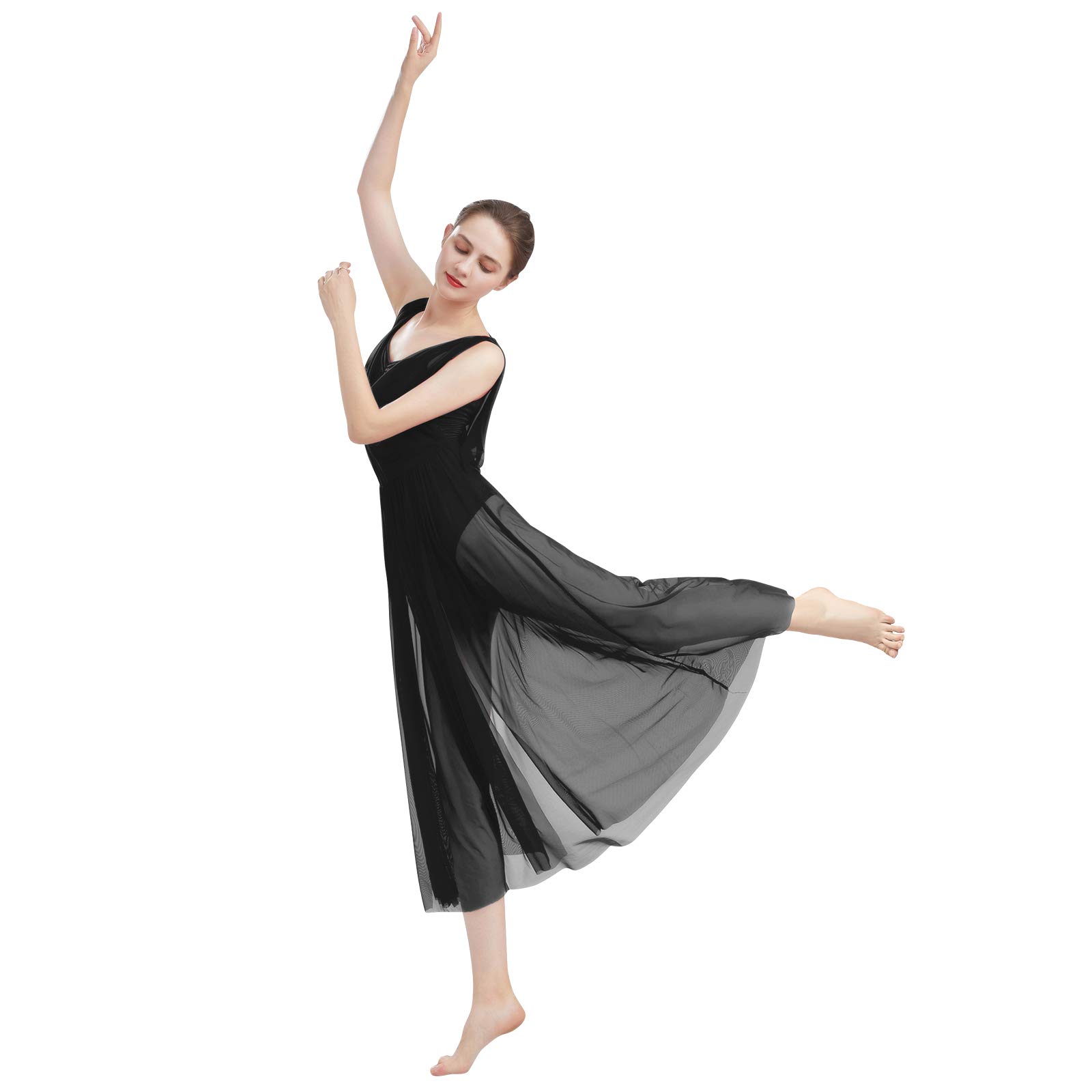 ODASDO Women's Lyrical Modern Contemporary Dance Costume - V-Neck Backless Leotard with Split Tulle Skirt & Flowy Overlay Dress for Ballet, Jazz, and Performance