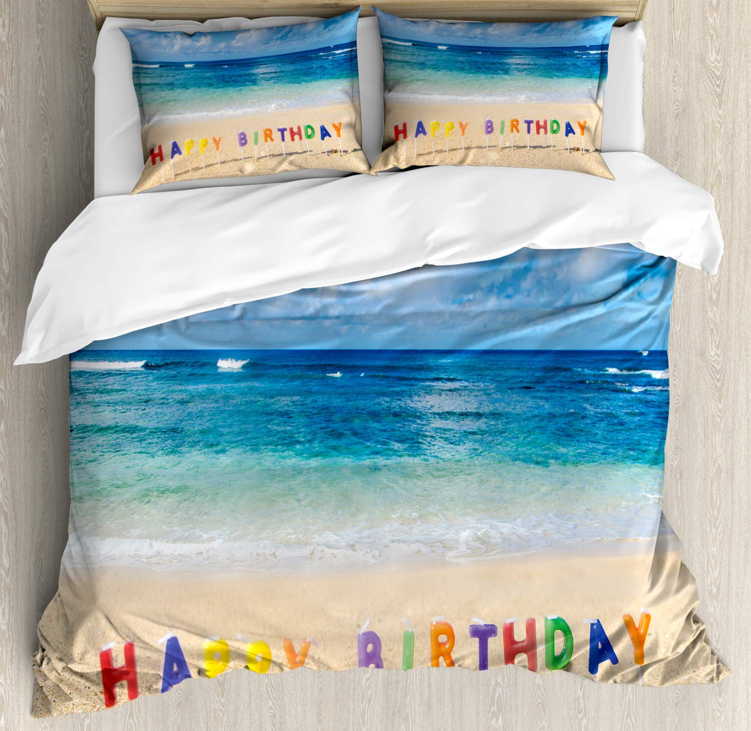 Ambesonne Tropical Beach Birthday Duvet Cover Set - Hawaii Themed 3-Piece Bedding with 2 Pillow Shams for California King Size Beds, Multicolor | Perfect for Birthday Surprises, Beach-Themed Bedrooms & Hawaiian Decor