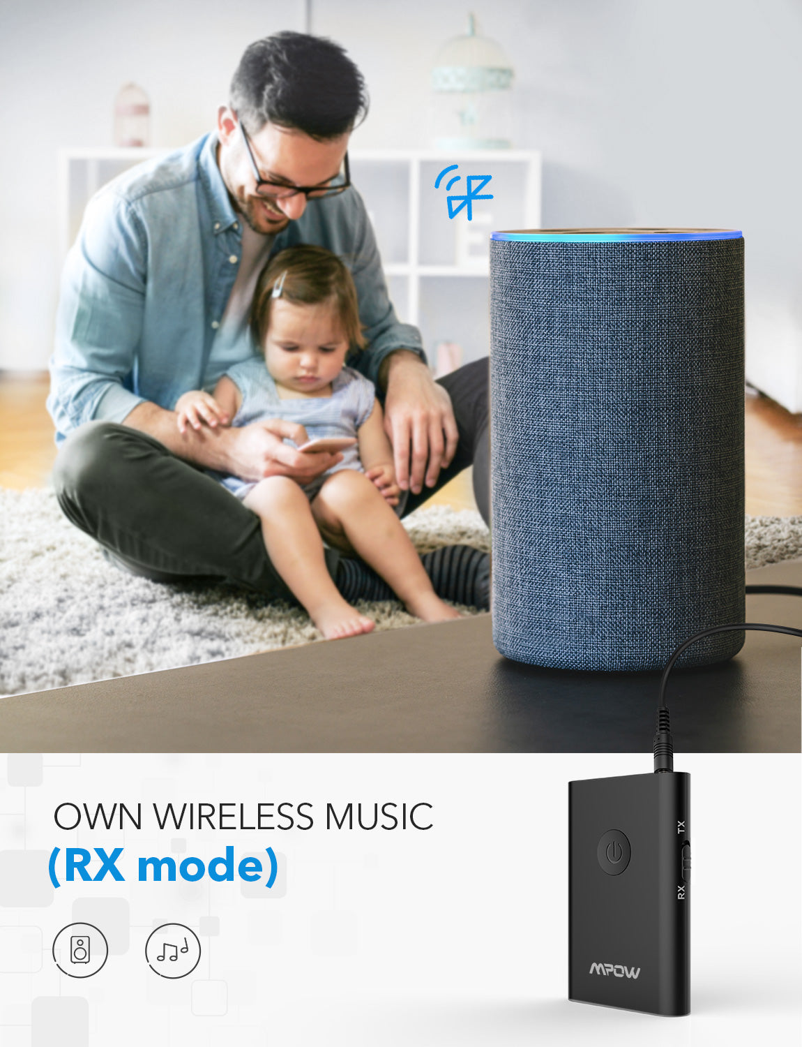 MPOW BH283A Bluetooth 5.0 Transmitter & Receiver - 2-in-1 Wireless Audio Adapter for TV, PC, Car, Home Stereo System | Low Latency, Dual Link, Plug & Play