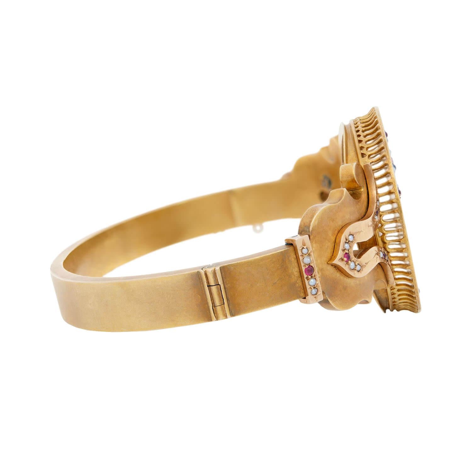 Victorian 18k Gold Bangle with Ruby, Sapphire, Emerald & Pearl Enameled Cherub Design - Elegant Antique Jewelry for Weddings, Parties & Special Occasions