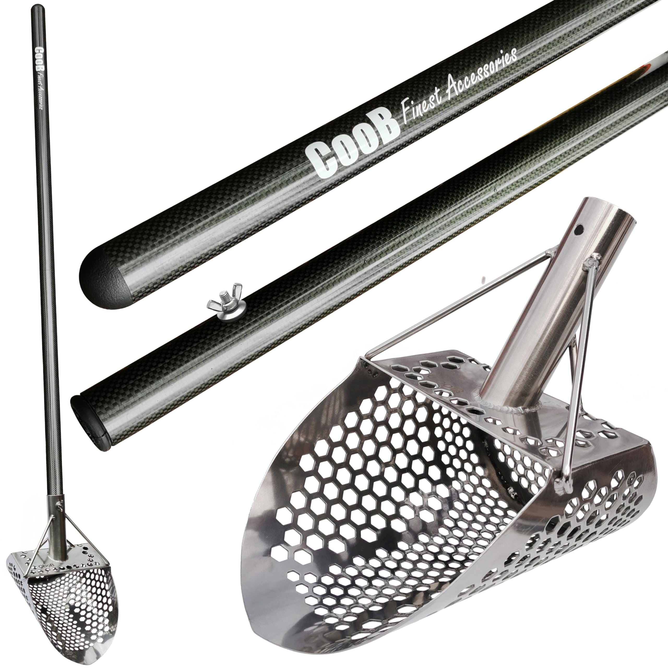 **CooB Stainless Steel Beach Sand Scoop for Metal Detecting - Carbon Fiber Handle with Monstrik v1 - Lightweight & Durable Treasure Hunting Tool for Beach, Park & Outdoor Adventures**