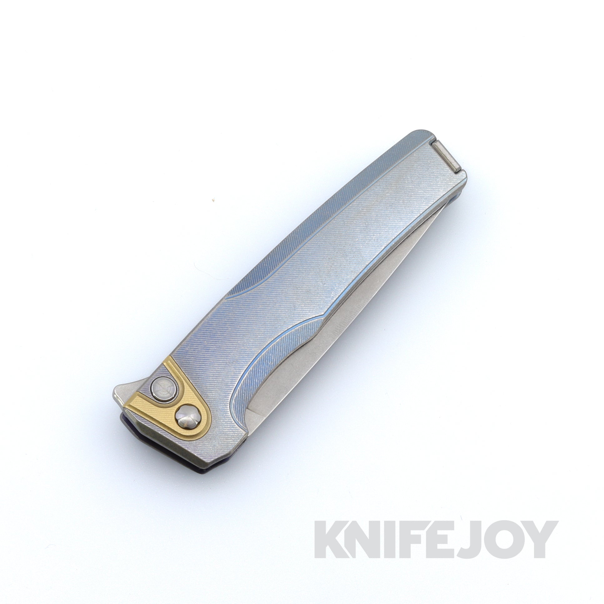 MachineWise Sonora Button Lock Folding Knife - 20CV Steel Blade with Light Blue Fine Step Textured Titanium Handles & Brass Bolster - EDC Pocket Knife for Outdoor, Camping, Hiking and Everyday Carry