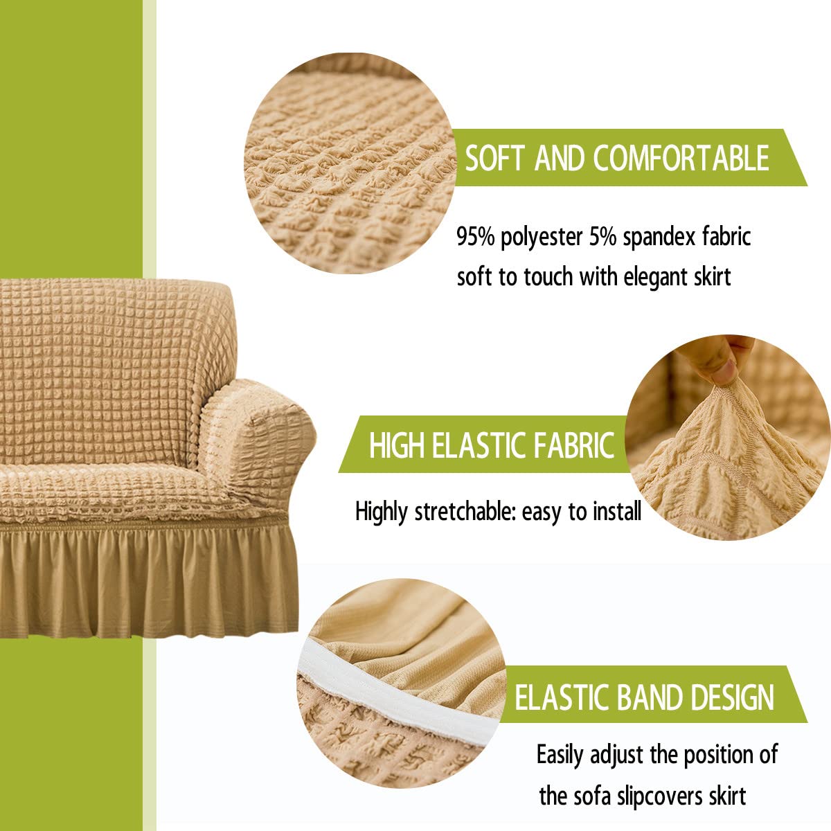 Stretch Sofa Slipcover - Washable Couch Cover for Sofa & Bed - Elastic Bottom & Skirt - Easy Fit Furniture Protector (Beige, XL) - Perfect for Living Room, Home Decor & Pet Protection