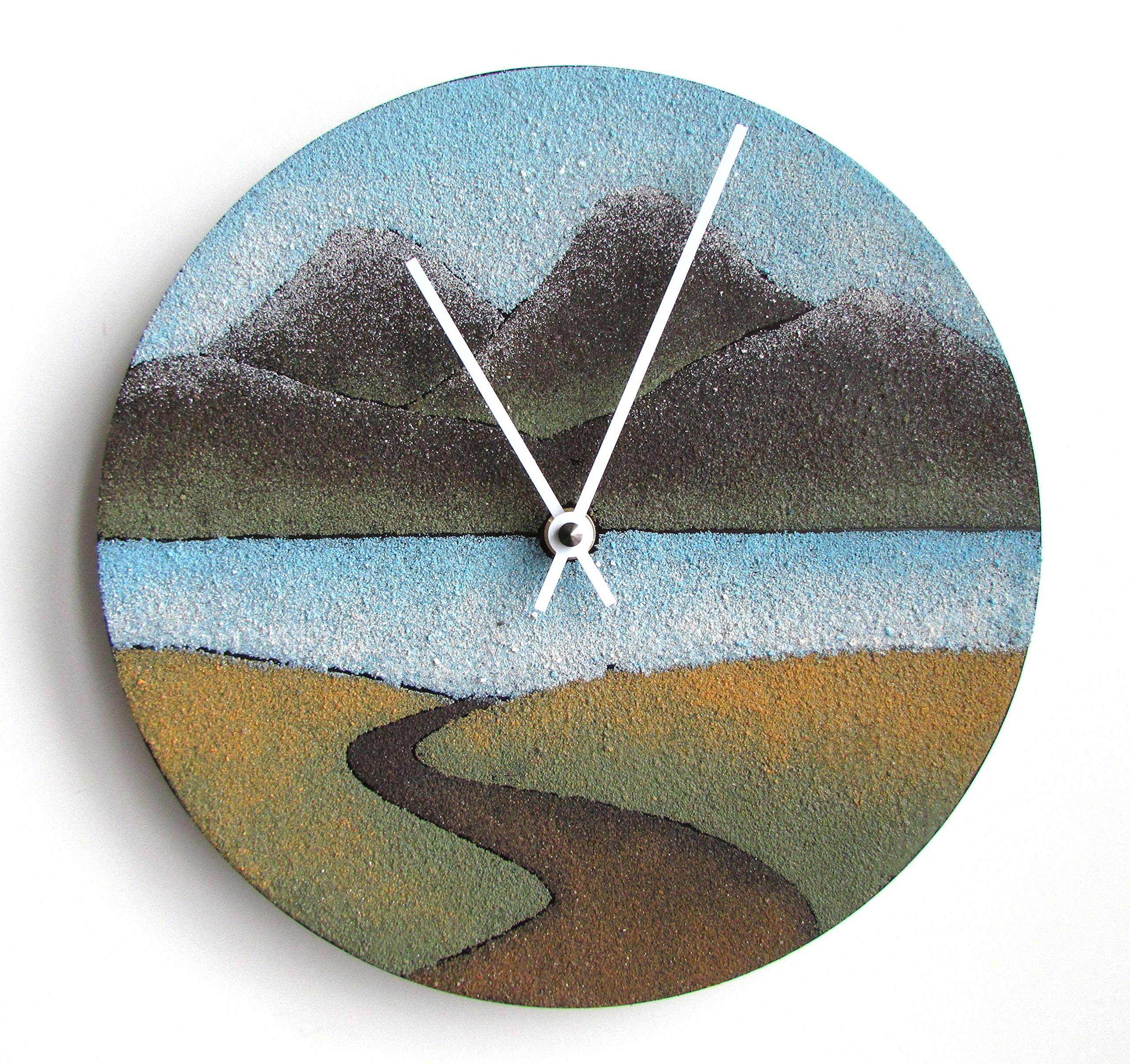 9.5 Inch Mountain Lake Sand Painting Wall Clock - Handmade Colored Sand Art Decor for Living Room, Bedroom & Office | Unique Home & Gift Idea
