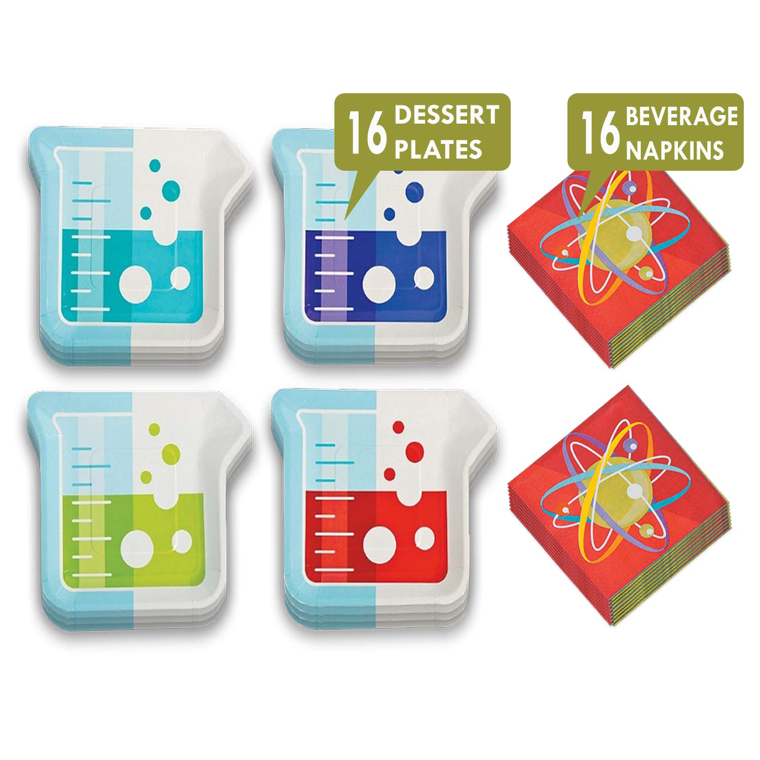 Science Party Supplies - 16-Piece Lab Experiment Beaker Paper Dessert Plates & Beverage Napkins Set for Kids Birthday, Classroom STEM Activities & Themed Events