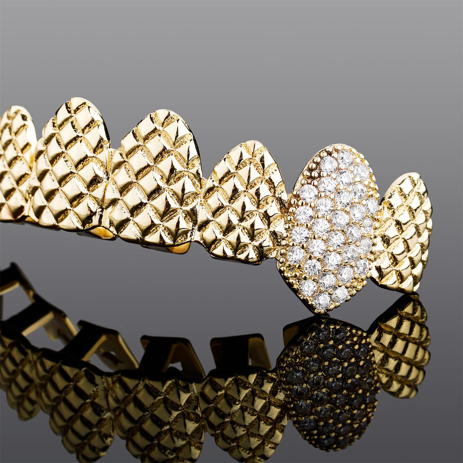 ICEDIAMOND Gold Plated Hip Hop Grillz with Diamond Teeth - Trendy Embossed Fang Design for Men & Women | Perfect for Parties, Concerts & Hip Hop Fashion