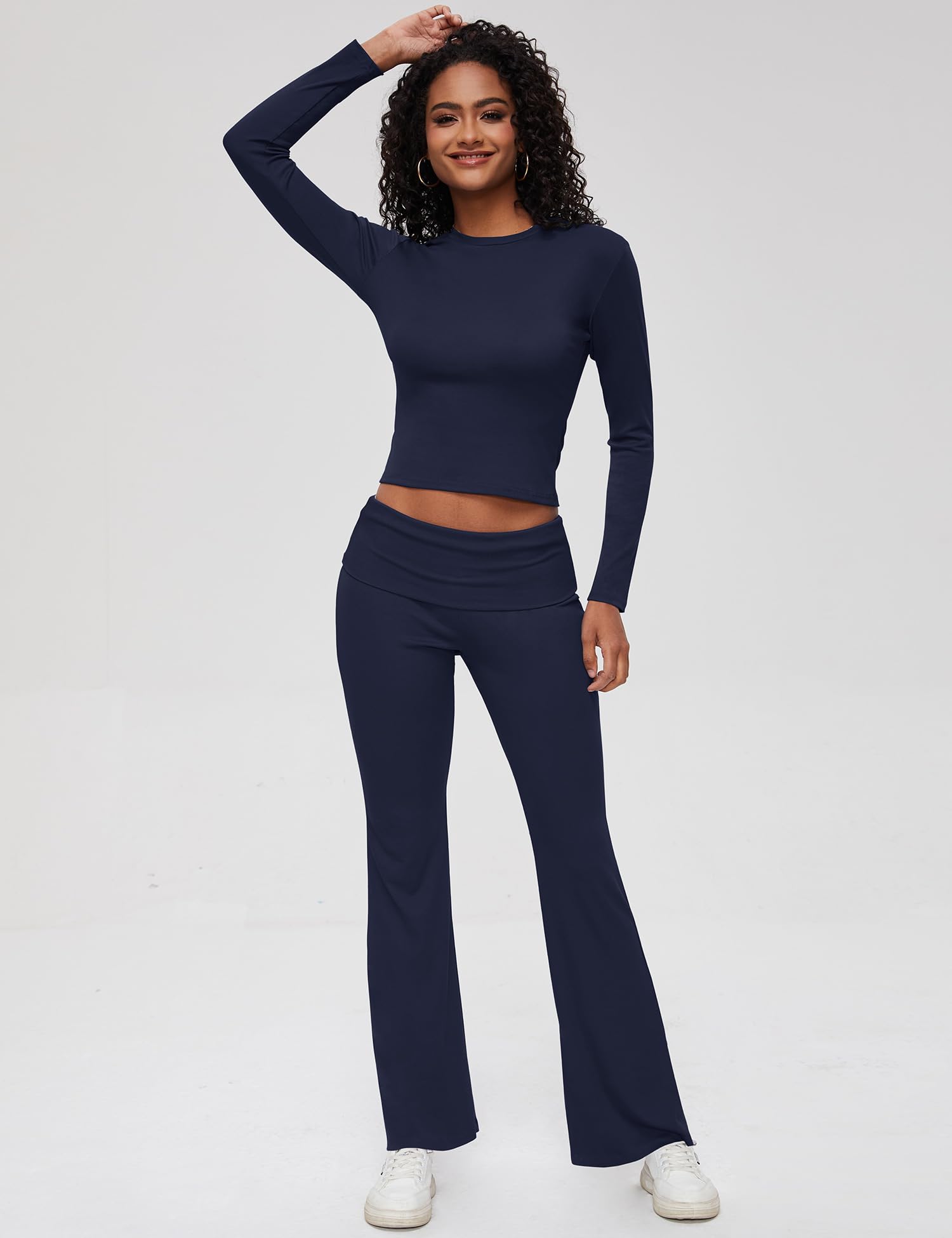 ZENWEI Women's 2-Piece Lounge Set - Long Sleeve Cropped Yoga Top & Fold-Over Flare Pants Matching Outfit | Comfortable Tracksuit for Yoga, Home, Workout & Casual Wear