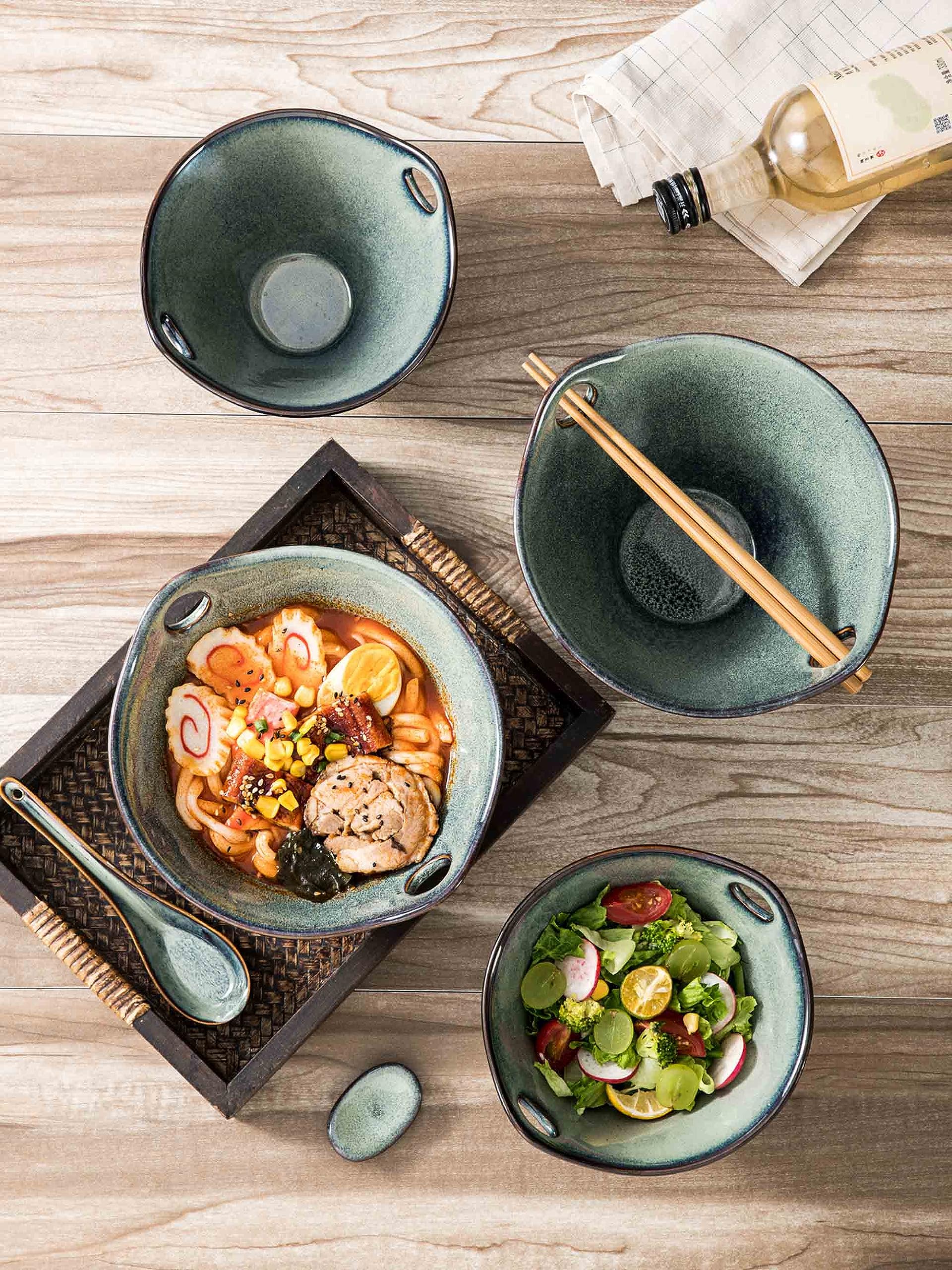Henten 26oz Ceramic Ramen Bowls Set of 2 - Microwave Safe Japanese Noodle Bowls for Udon & Soup (Green)