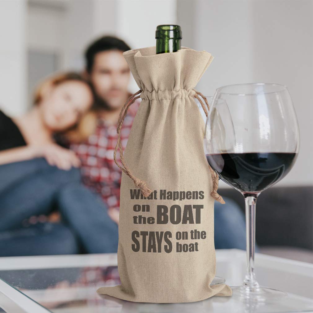Custom Cotton Wine Gift Bag - 'What Happens on The Boat Stays Sailing' Captain Theme - Natural Canvas Tote for Housewarming Parties & Nautical Events - Perfect for Gifts, Boat Trips & Themed Celebrations